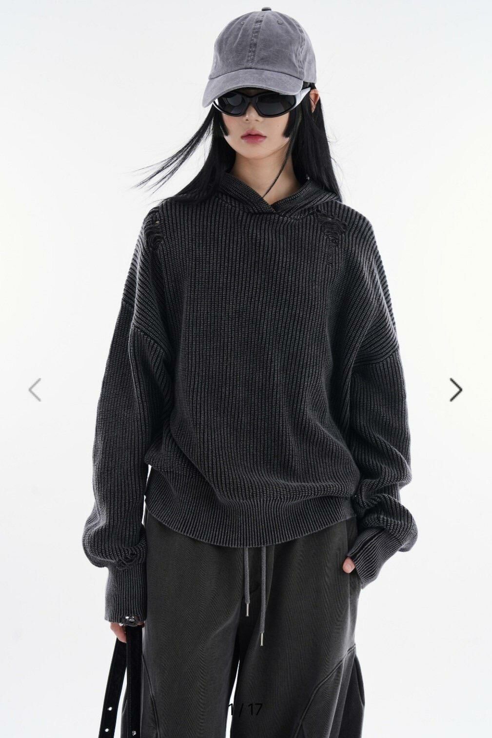 淨色破洞連帽針織衫 GLAMOUR-043T