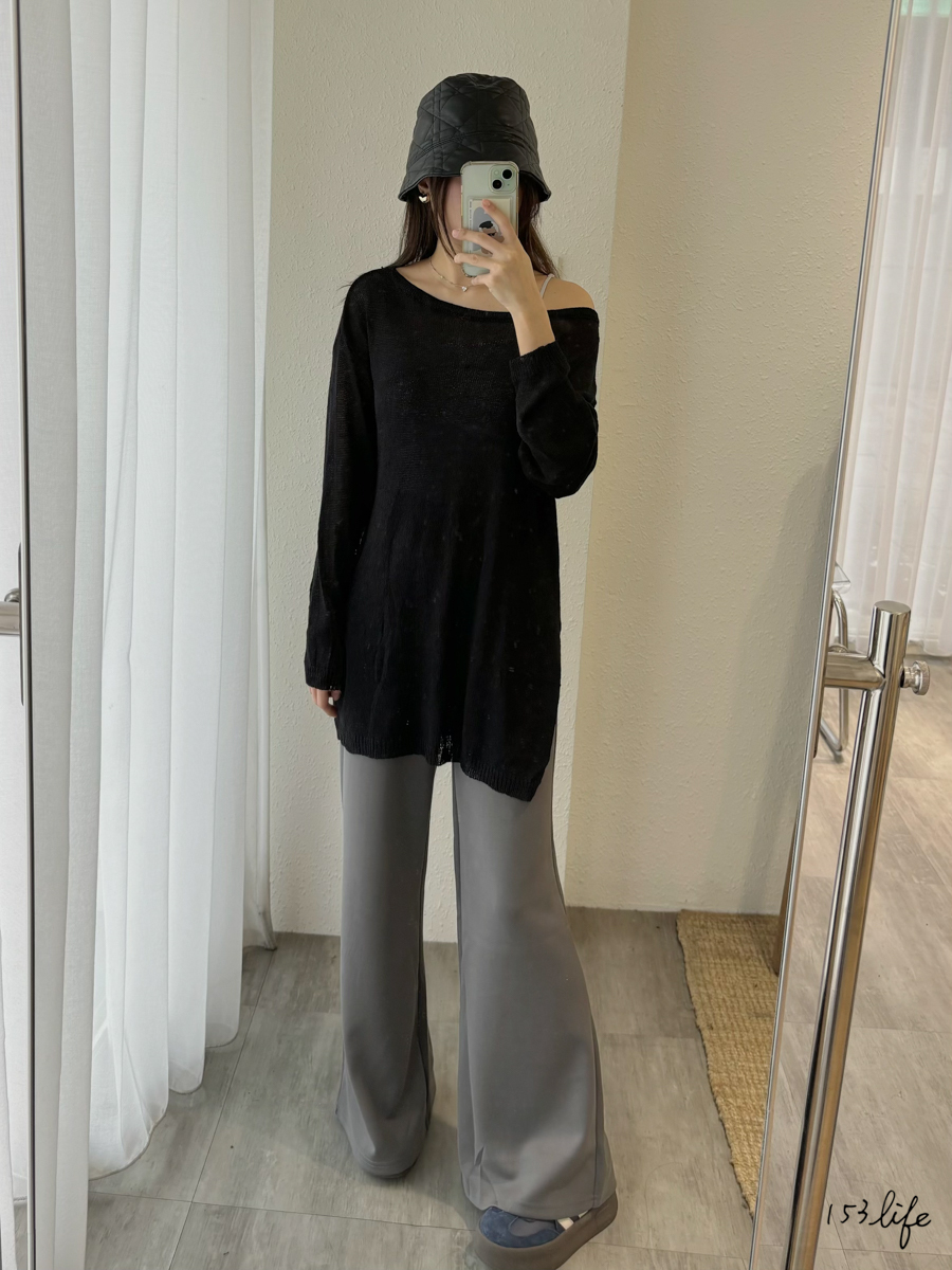 |現貨|氣質斜肩不規則薄針織長版上衣(2色)