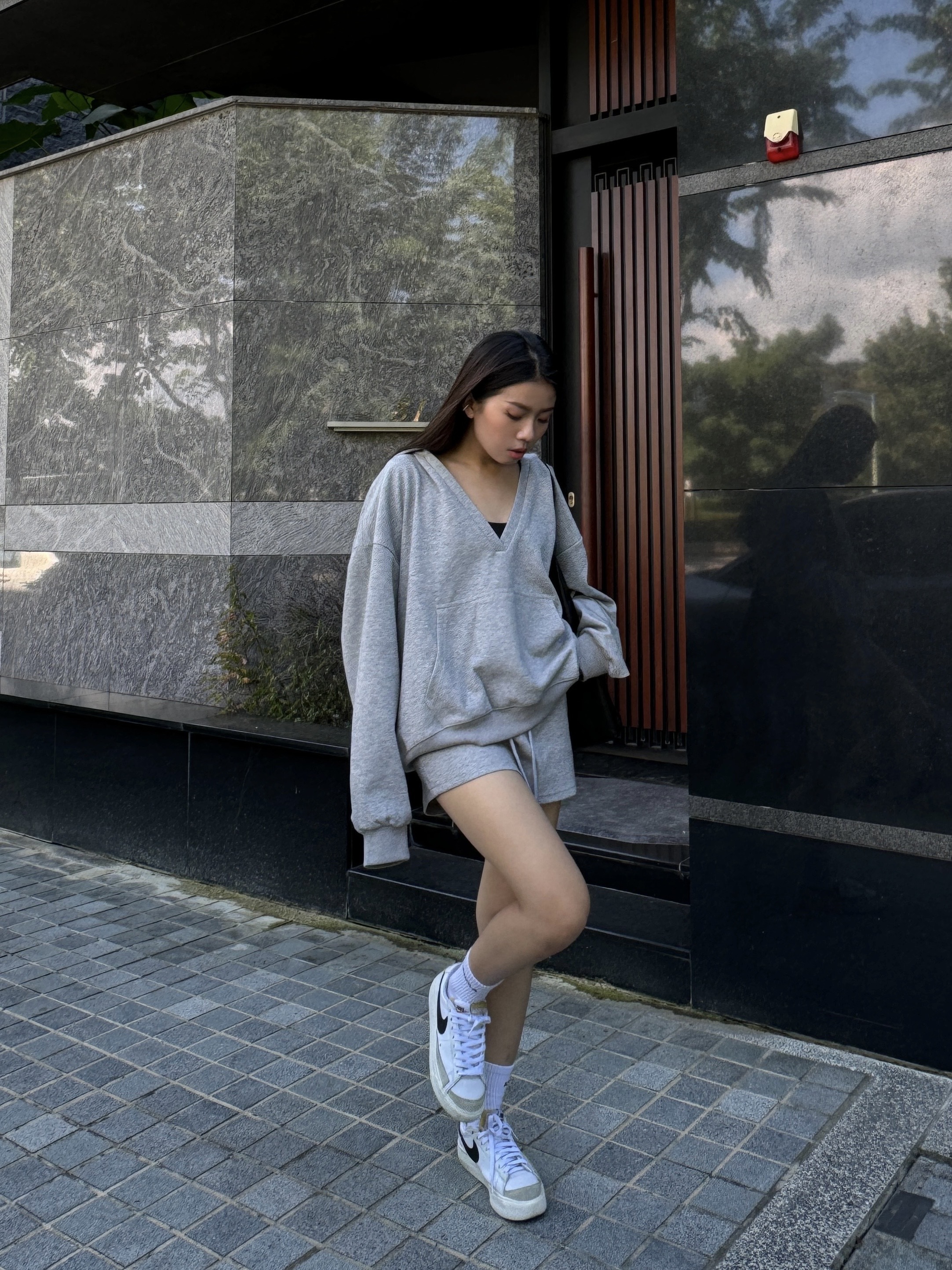 自留🍂慵懶V領連帽短褲套裝(4色)