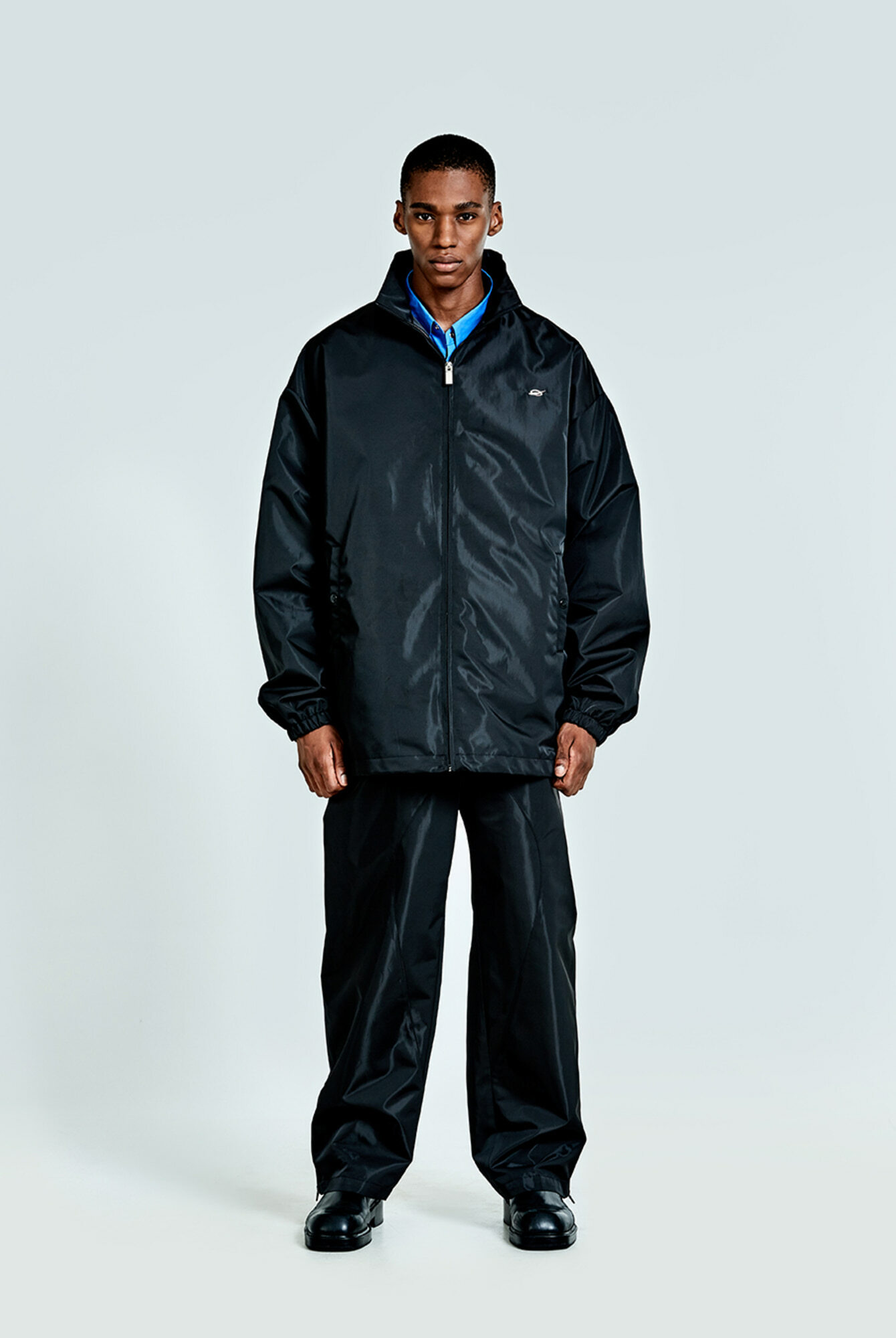 長板高領風衣外套－黑