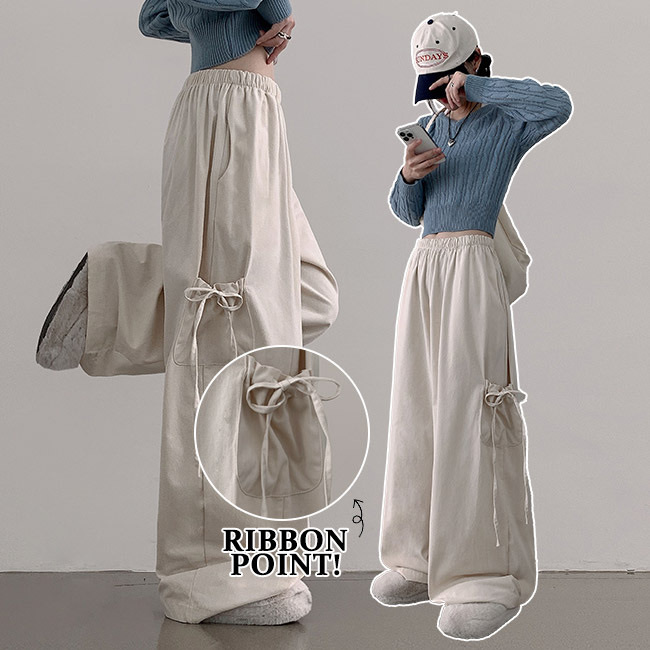 【優惠預訂】KR RIBBON BANDING CARGO COTTON WIDE PANTS（6色）