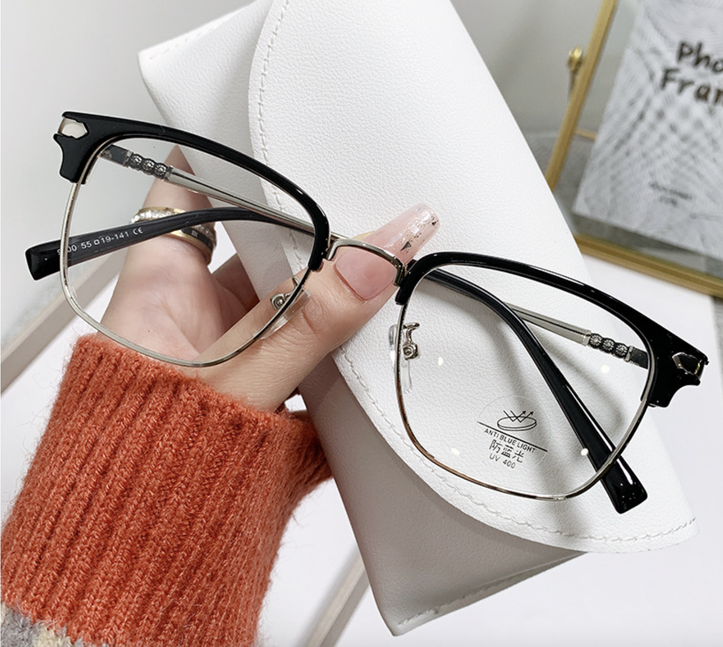 霸道總裁無邊黑色半框防藍光眼鏡（童錦程同款，買就送皮製眼鏡盒）