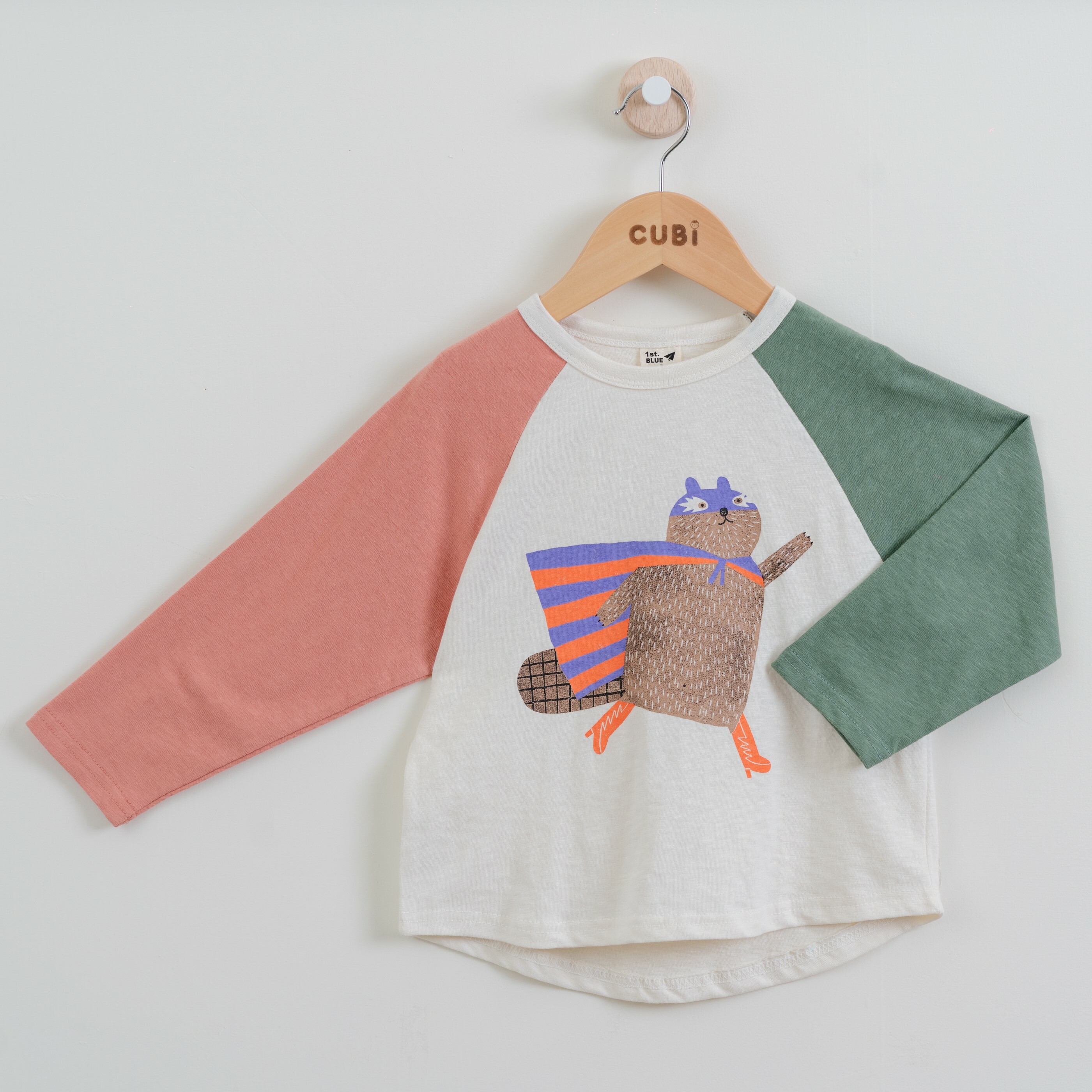 韓國 1st Blue-秋款童趣動物撞色上衣-白松鼠