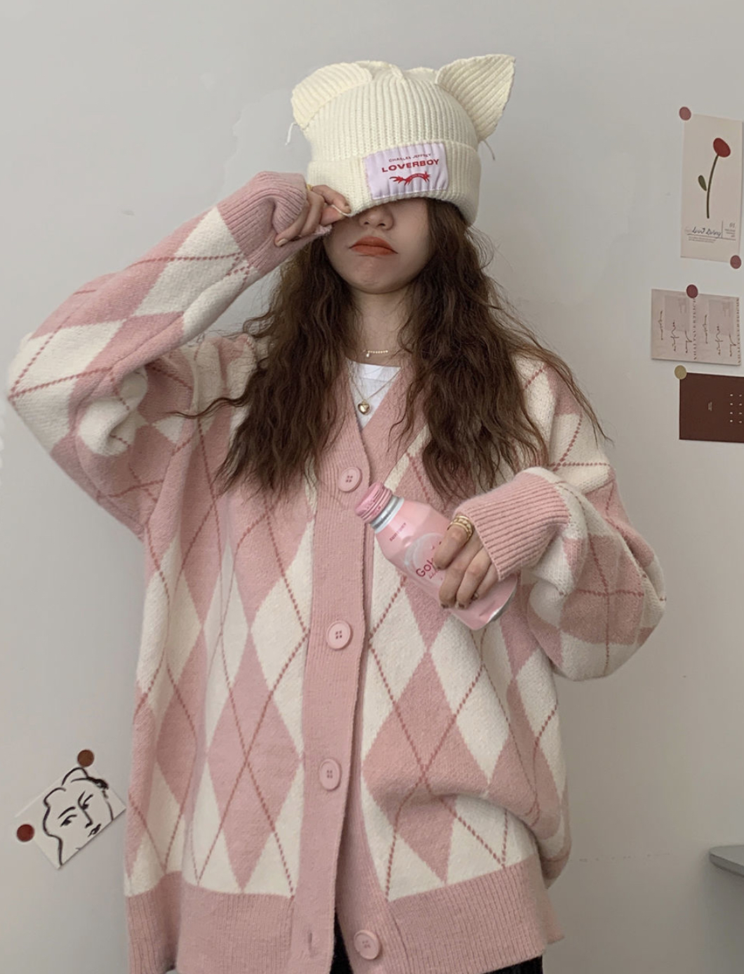 正韓ᴷᴼᴿᴱᴬ 🇰🇷秋季菱形格甜美慵懶風寬鬆撞色針織外套(兩色)
