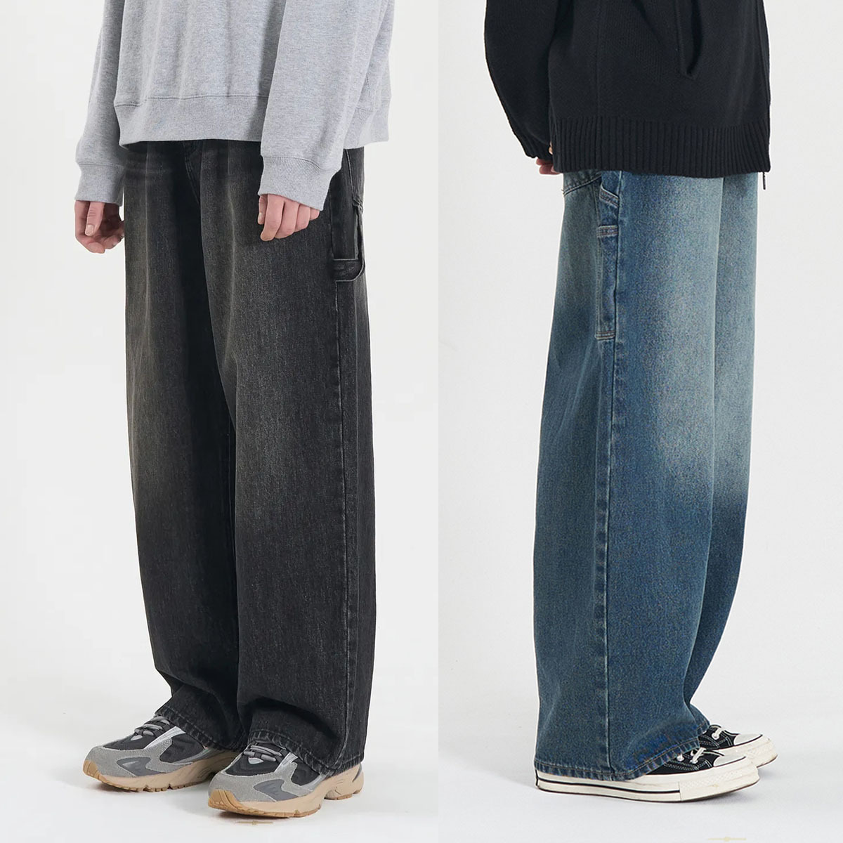 【OWN】TOFFEE 口袋 水洗 刷白 牛仔 木匠 寬褲 不分男女 黑色 藍色