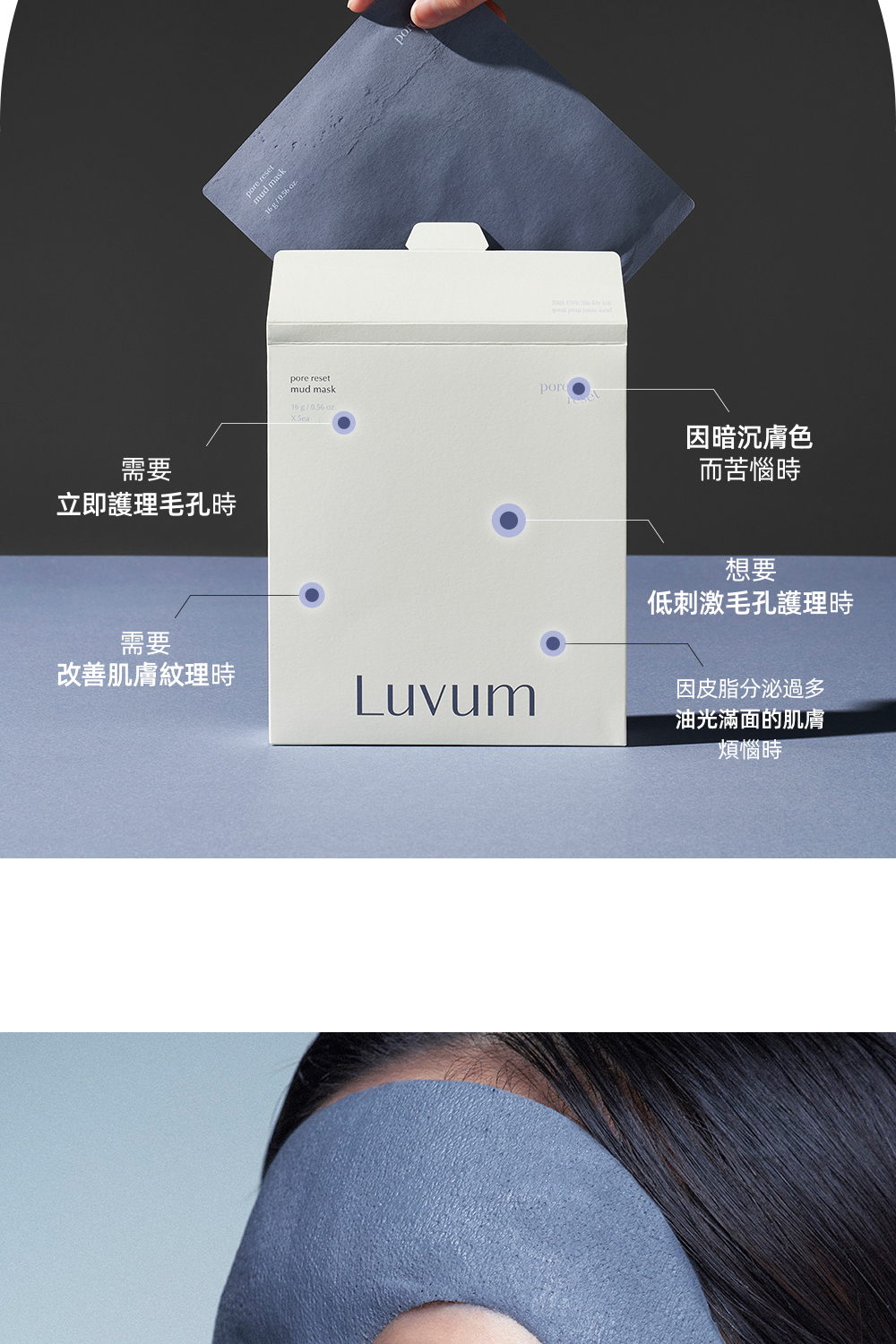 Luvum 修復毛孔泥漿面膜5片:深層清潔毛孔,修護肌膚,改善粗糙與毛孔問題,適合油性及混合性肌膚,有助於平衡皮脂分泌,讓肌膚更加細緻。