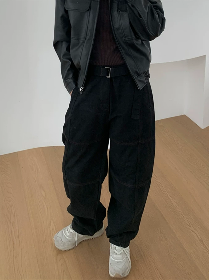 縫線設計腰帶直筒牛仔褲