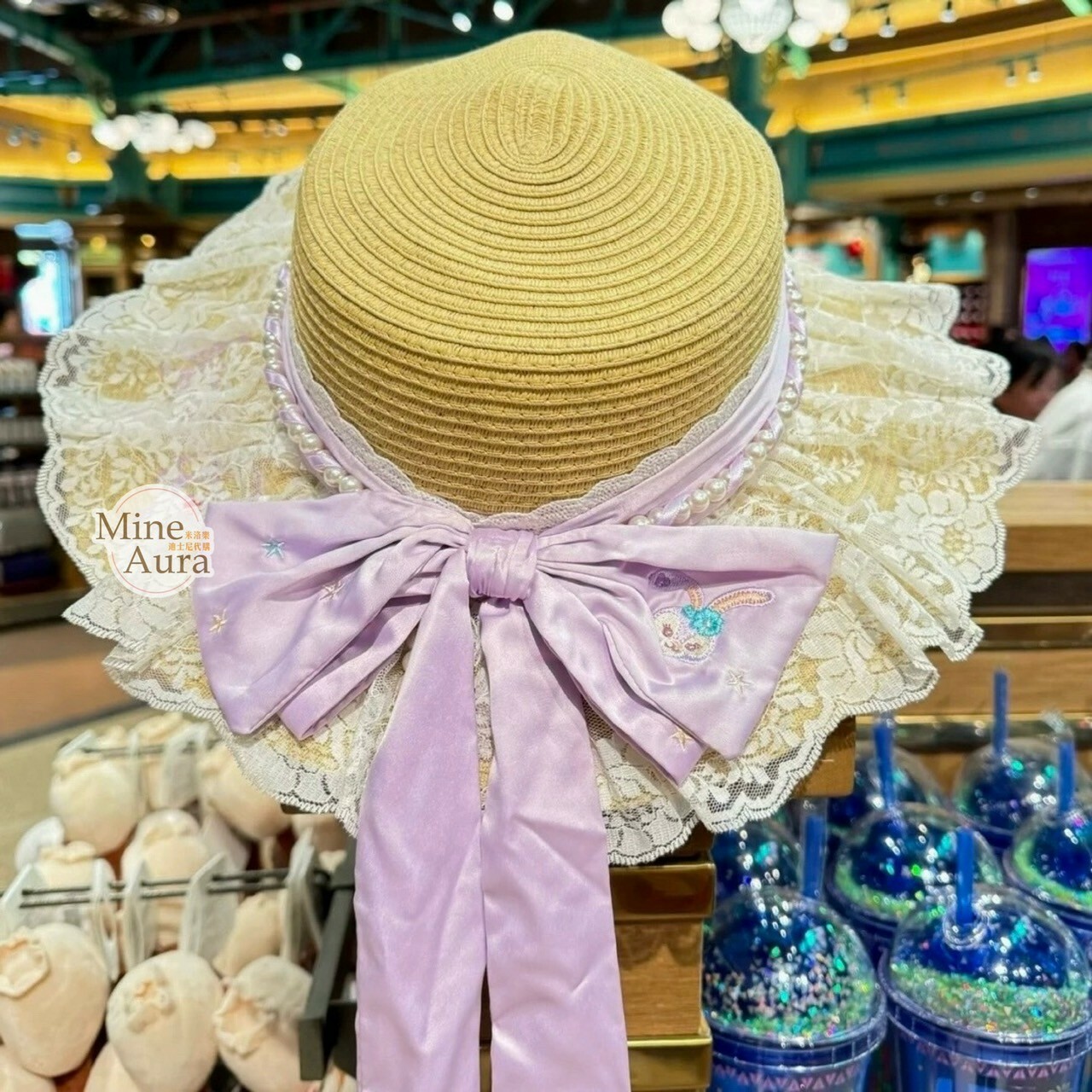 (限時特價) 史黛拉露 星黛露 StellaLou 法式 浪漫蕾絲 珍珠 蝴蝶結緞帶 造型 編織帽 草帽 帽子 -上海迪士尼樂園