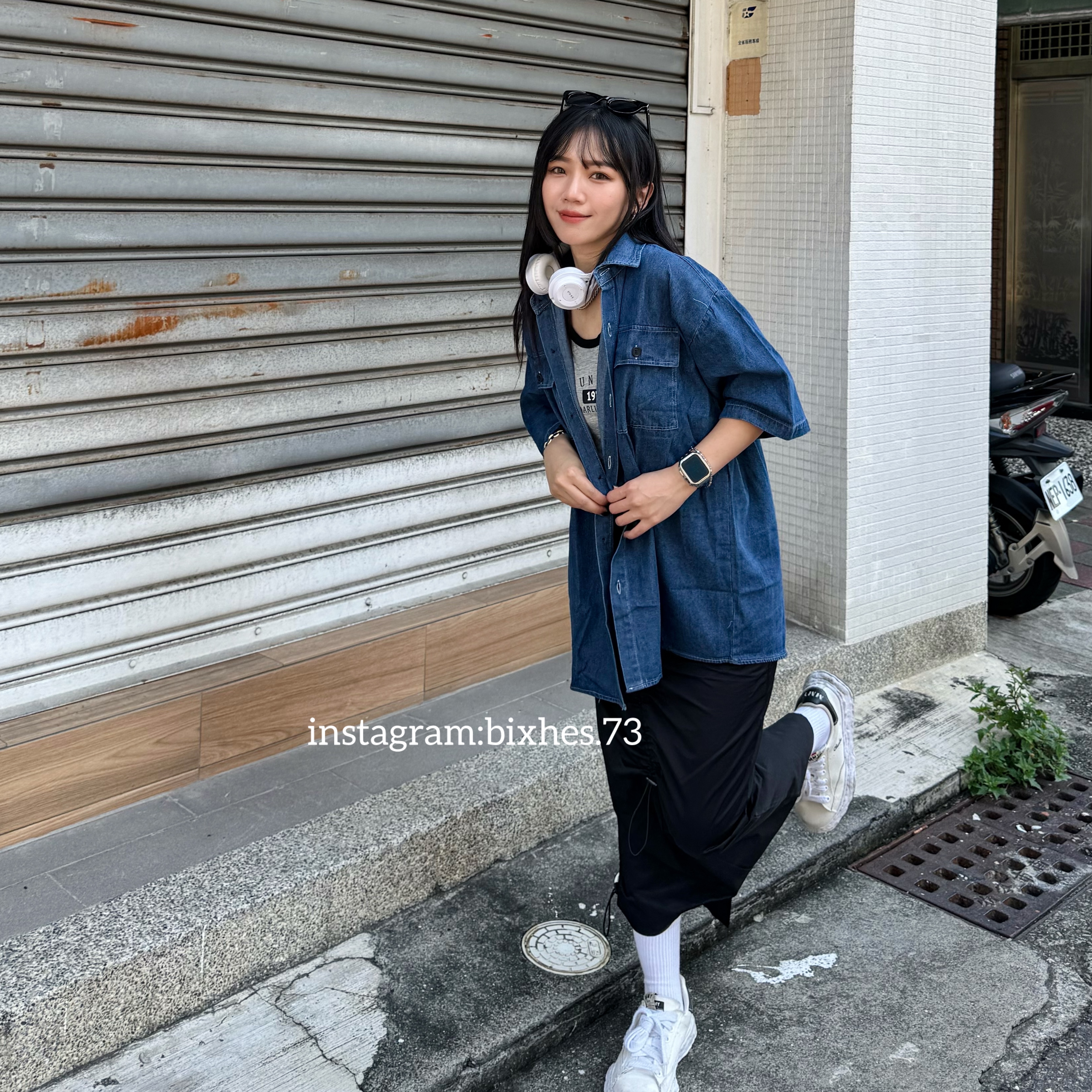 牛仔深藍短袖襯衫(G00045)