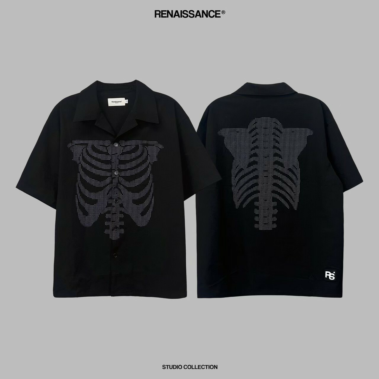 RENAISSANCE 限定款 黑灰點狀骷髏 立體泡泡紗 古巴領襯衫 ‘’ Skeleton Seersucker Shirt ‘’
