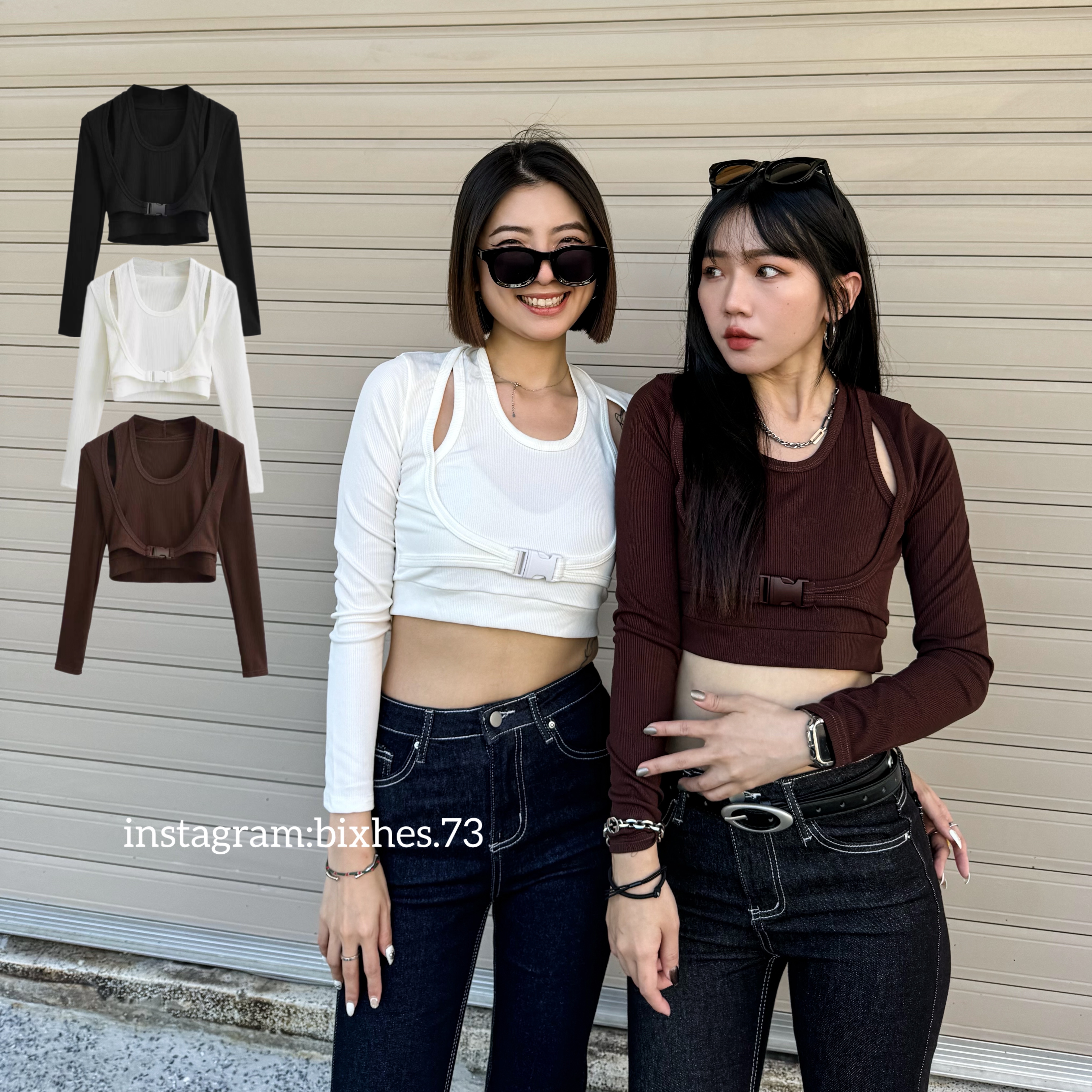 歐美前扣掛脖長T(B00093)