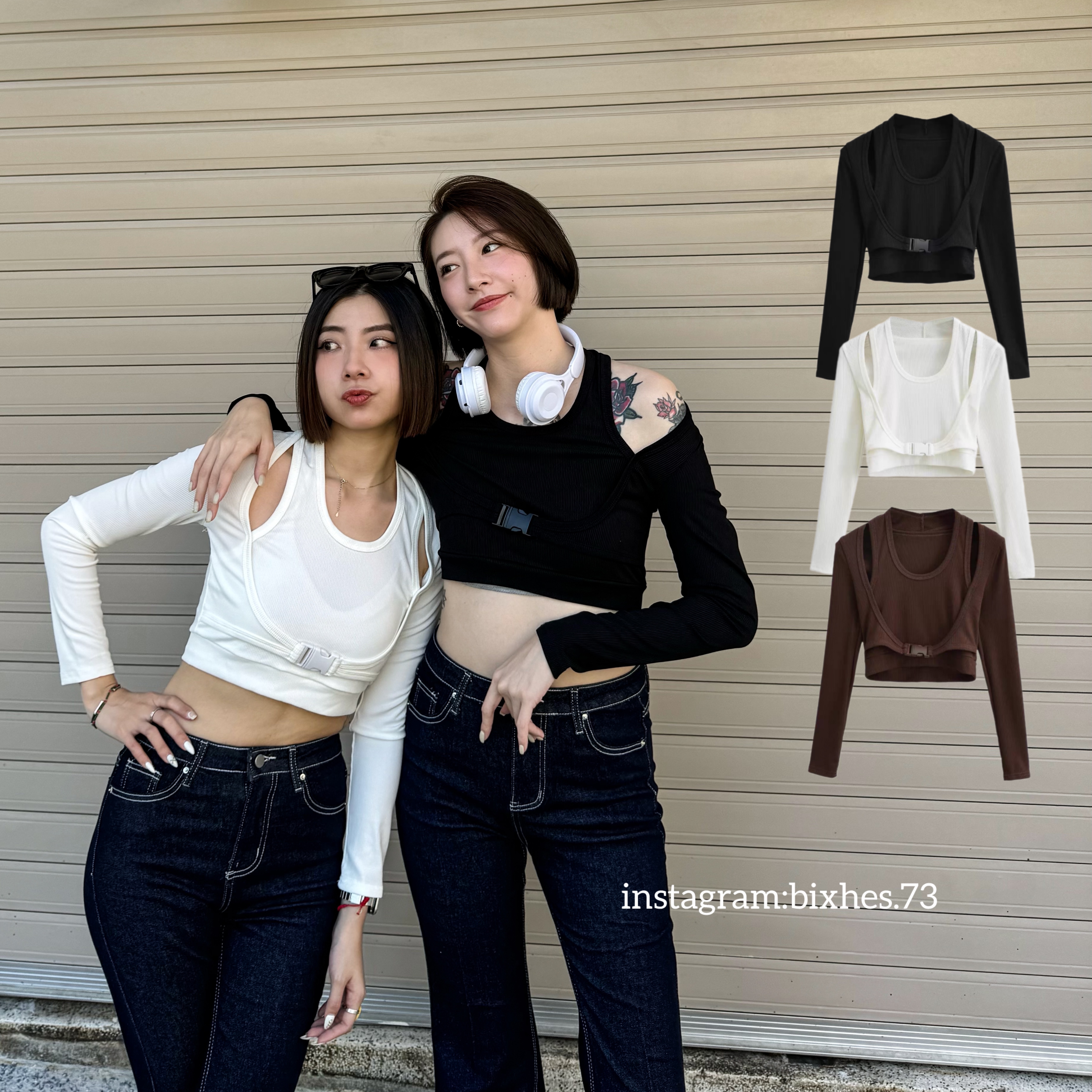 歐美前扣掛脖長T(B00093)