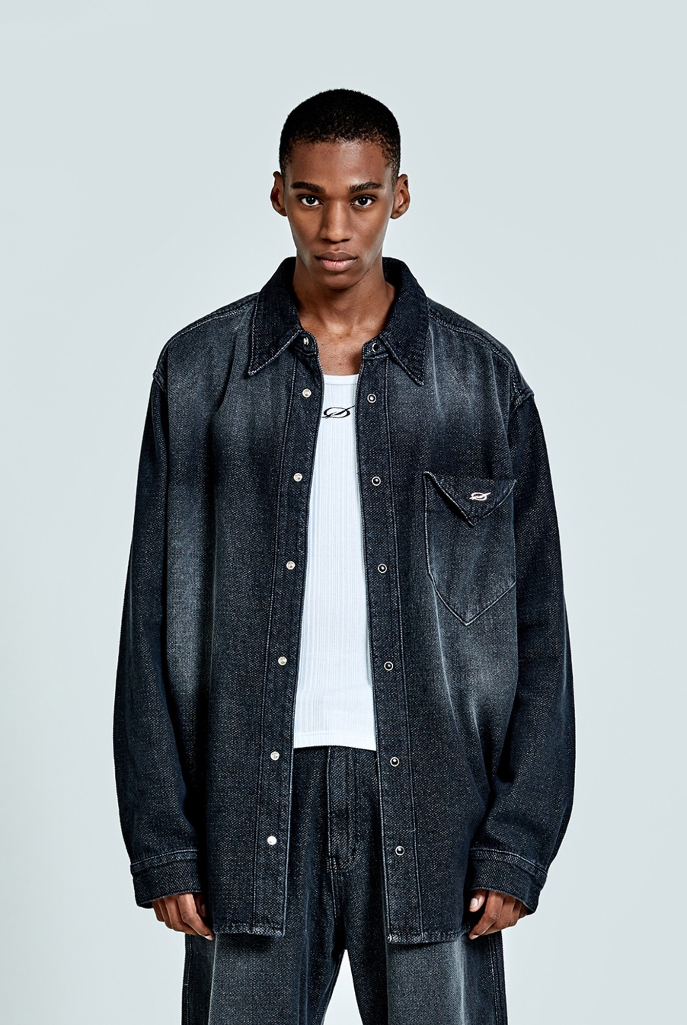 方格紋理丹寧襯衫－黑