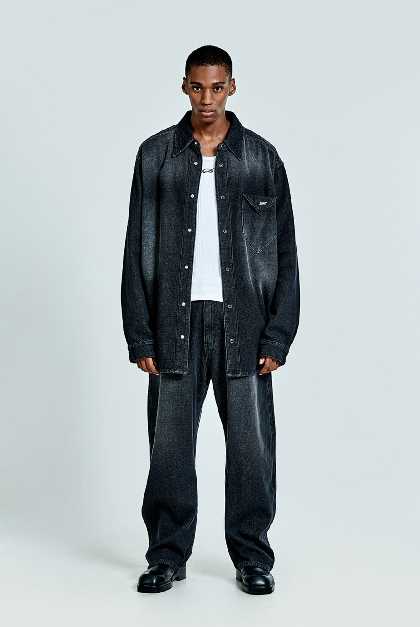 方格紋理丹寧襯衫－黑