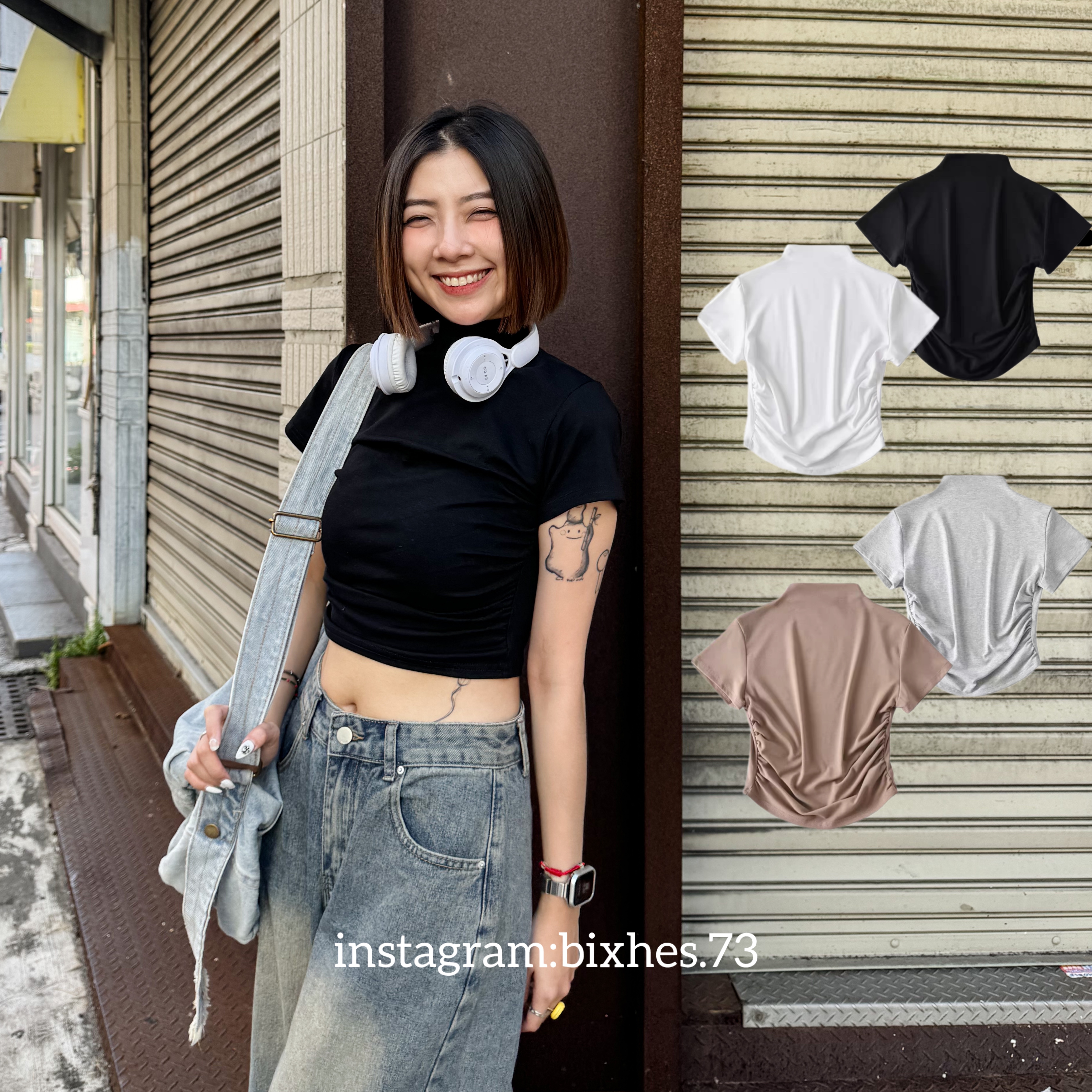 中領側抓皺短版短T(A00090)