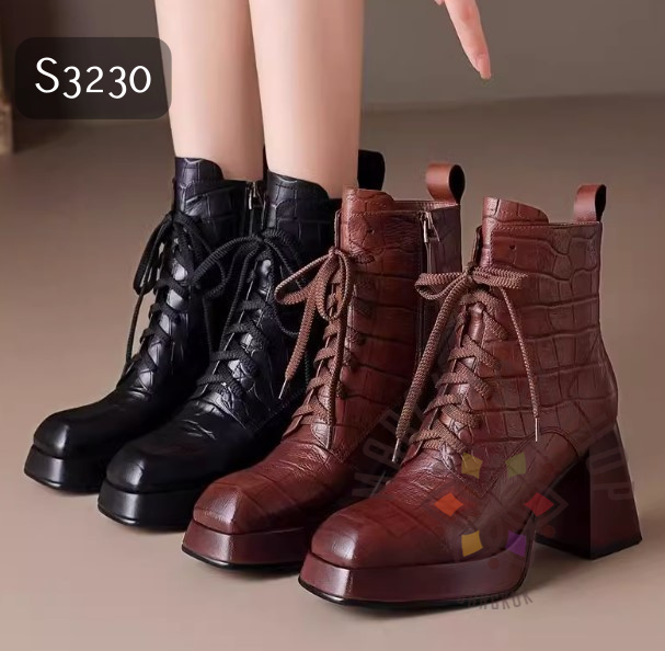 S3230 - 真皮牛皮鱷魚紋方頭厚底高踭短靴