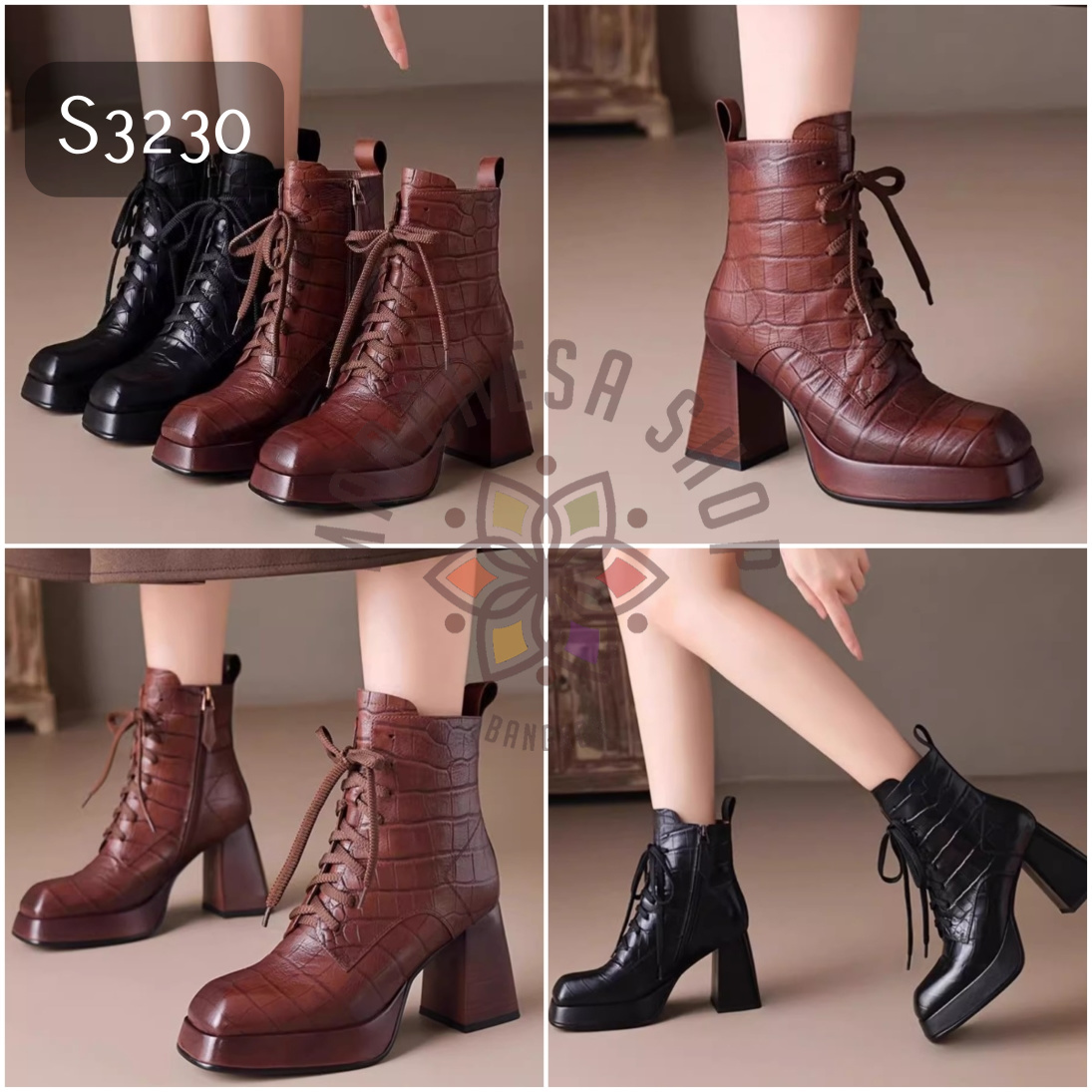 S3230 - 真皮牛皮鱷魚紋方頭厚底高踭短靴