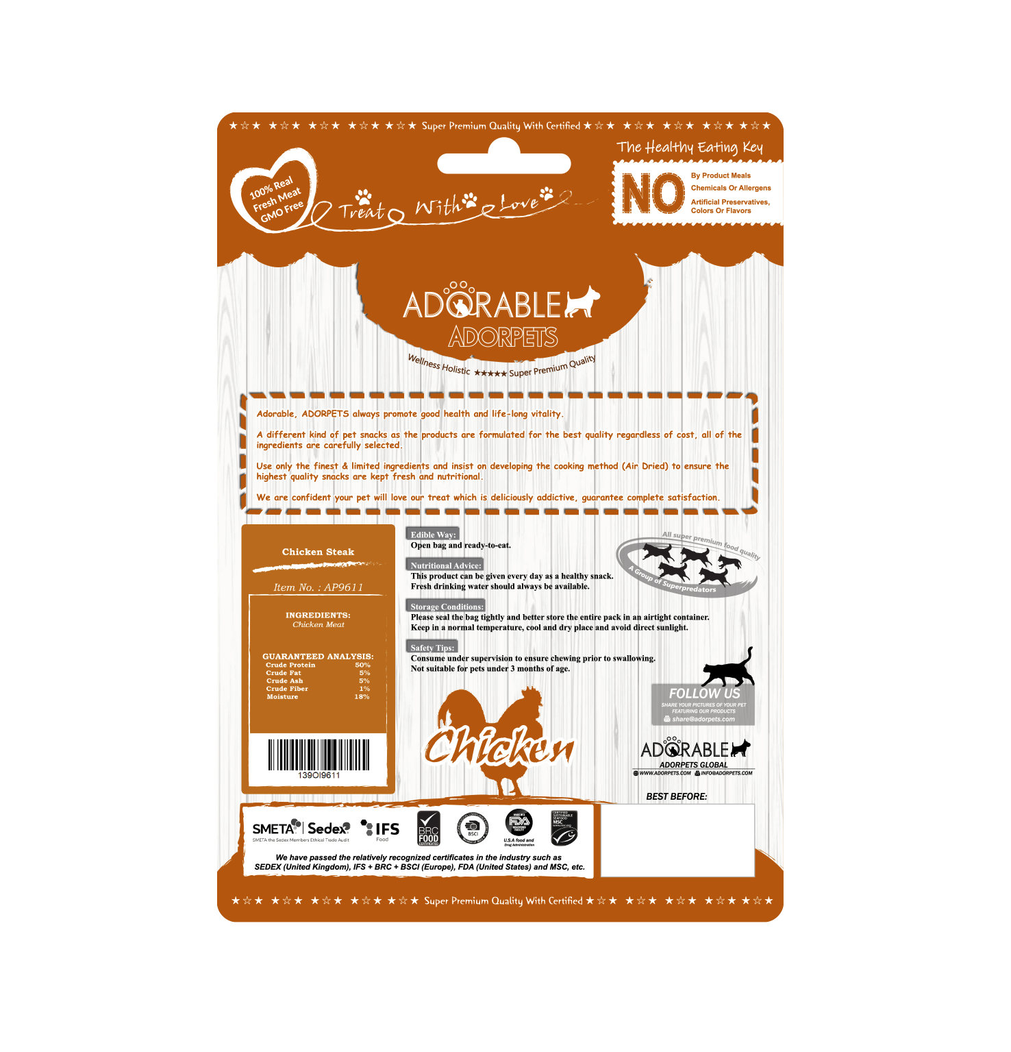 Adorable 美國100%純天然風乾小食Air-Dried Jerky - 雞肉塊 Chicken Steak 100g