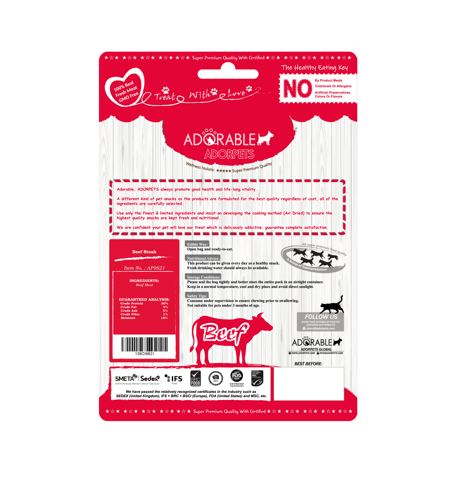Adorable 美國100%純天然風乾小食Air-Dried Jerky - 牛肉塊 Beef Steak 100g