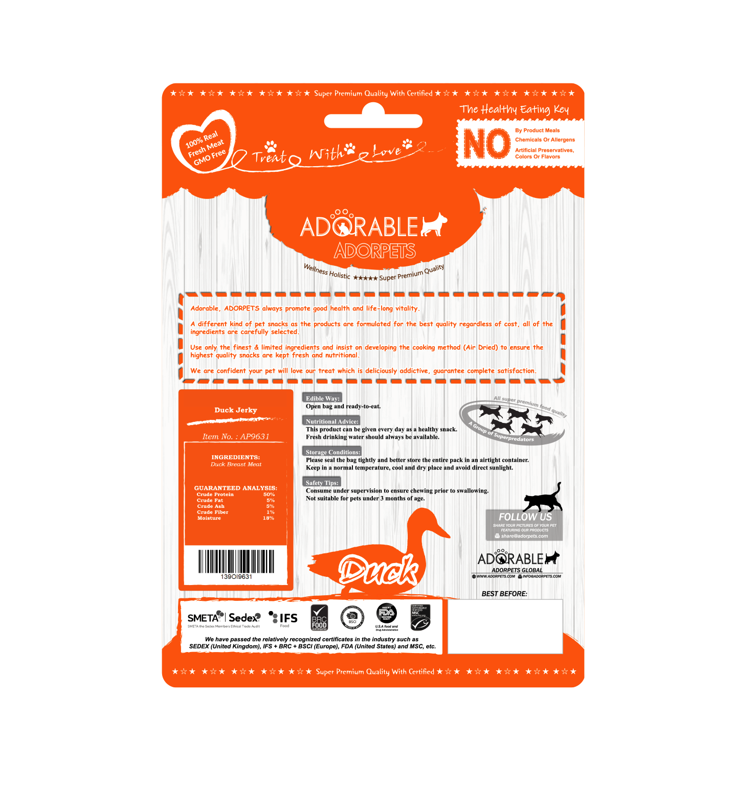 Adorable 美國100%純天然風乾小食Air-Dried Jerky - 鴨肉乾 Duck Jerky 100g