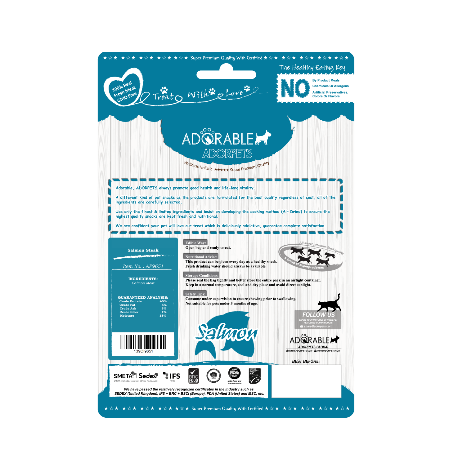 Adorable 美國100%純天然風乾小食Air-Dried Jerky - 三文魚塊 Salmon Steak 100g