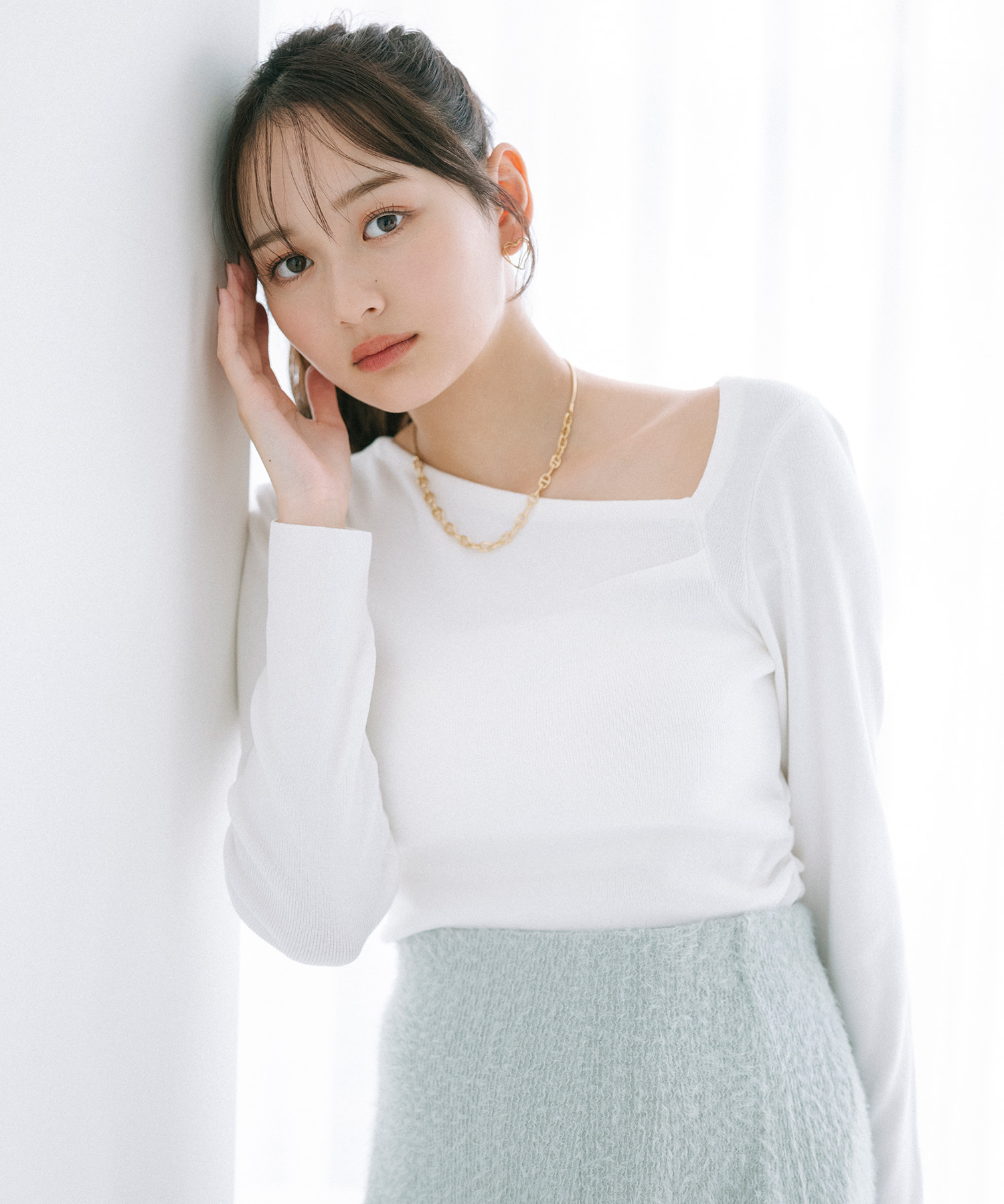 [現貨出清優惠] 折扣COCO DEAL不對稱領口羅紋針織衫  深藍 灰白