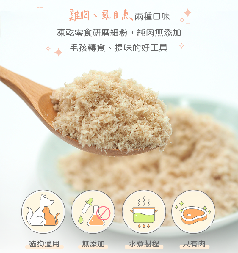 雞胸、虱目魚兩種口味 貓咪、狗狗轉食、提味的好工具