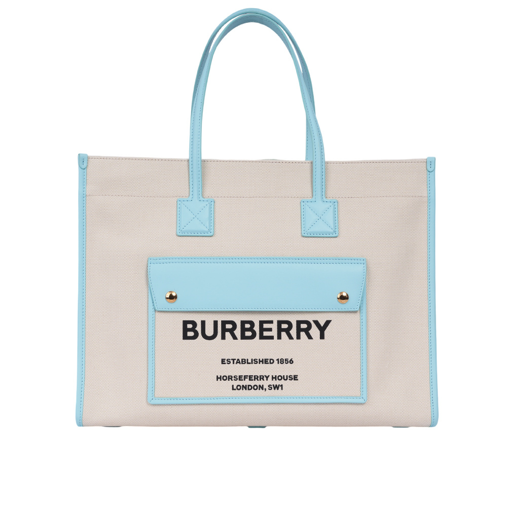 【BURBERRY】Freya 棉質帆布中款托特包(自然色/天藍色) 80705791