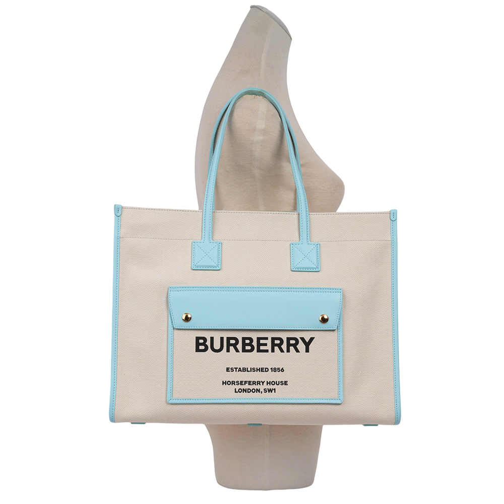 【BURBERRY】Freya 棉質帆布中款托特包(自然色/天藍色) 80705791