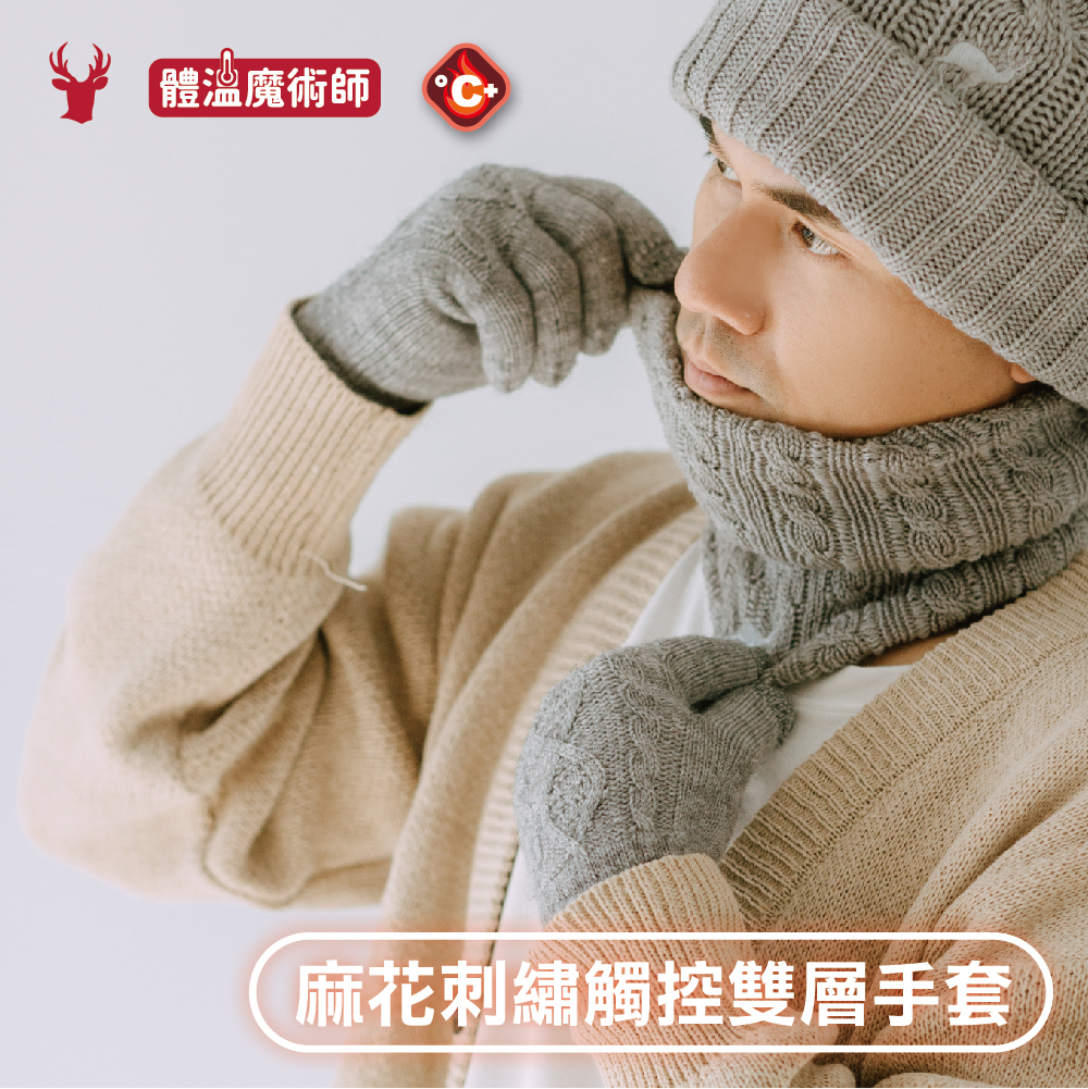 【肌暖】台灣製 莫蘭迪立體麻花刺繡加厚觸控手套丨G1637TE