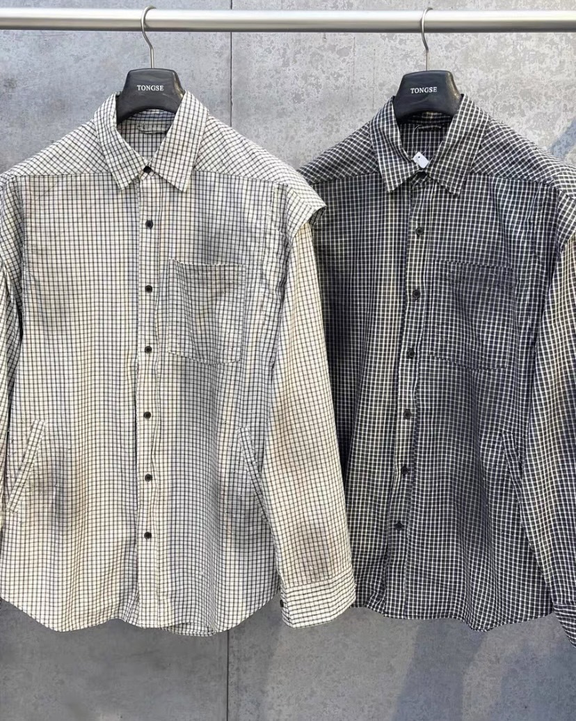 美式潮牌小眾贓染格紋長袖襯衫