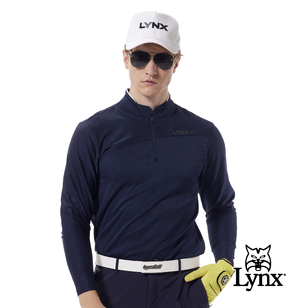 【Lynx Golf】合身版吸排抗UV組織花紋領配色立領POLO衫/高爾夫球衫