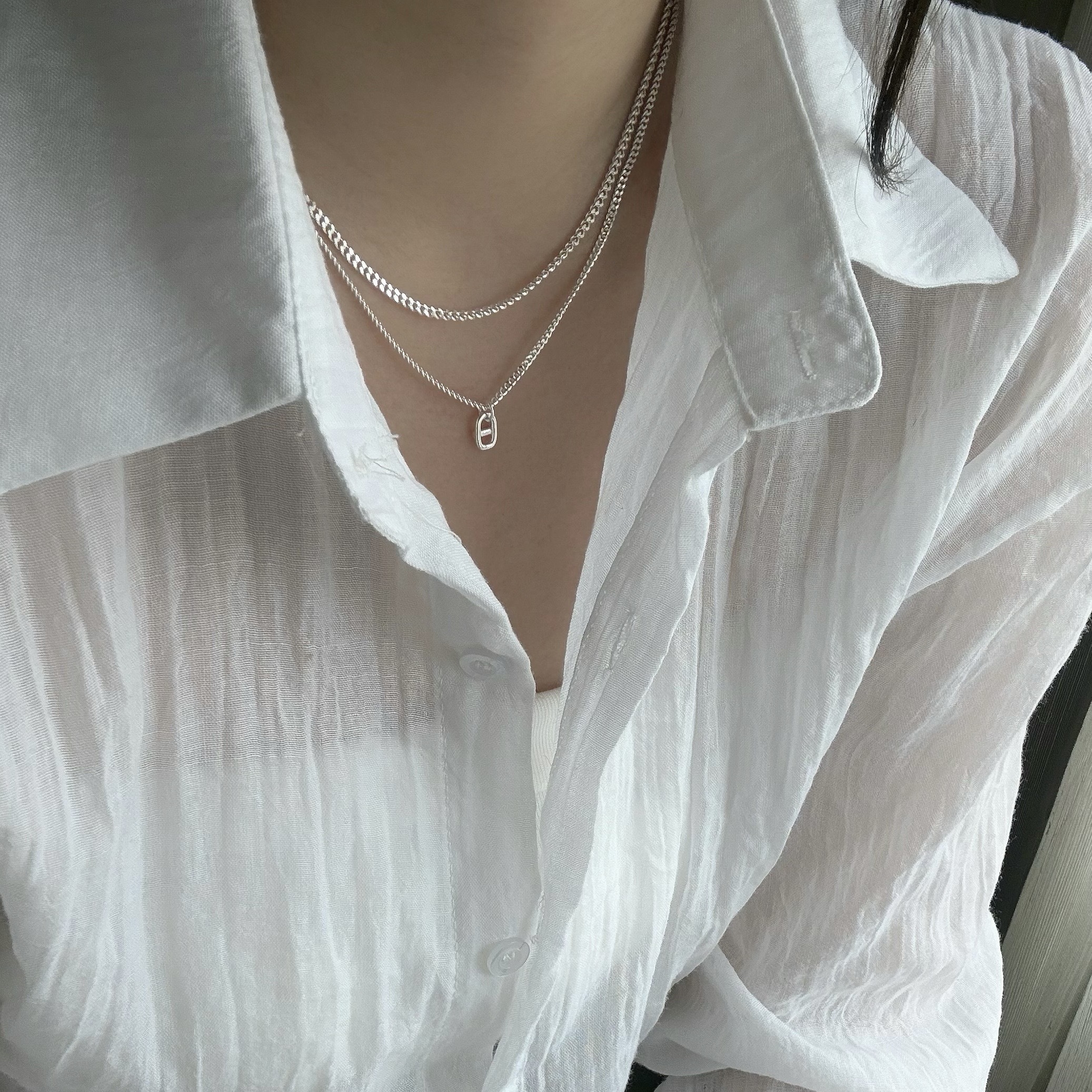 A44粗款豬鼻雙層純銀鎖骨鏈