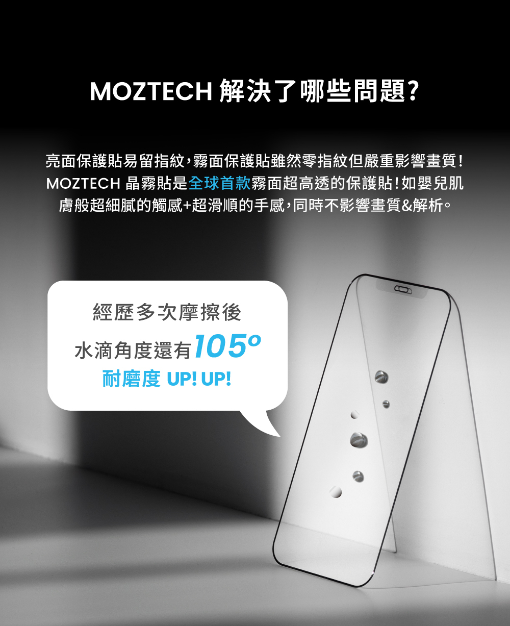 MOZTECH 解決了哪些問題?亮面保護貼易留指紋,霧面保護貼雖然零指紋但嚴重影響畫質!MOZTECH 晶霧貼是全球首款霧面超高透的保護貼!如嬰兒肌膚般超細膩的觸感+超滑順的手感,同時不影響畫質&解析。經歷多次摩擦後水滴角還有105°耐磨度 UP!UP!