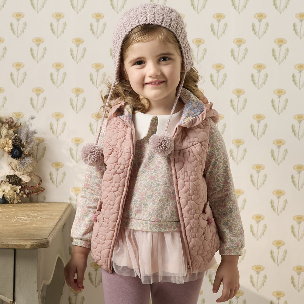 PIPPY 素面小花袋口連帽鋪棉背心 粉