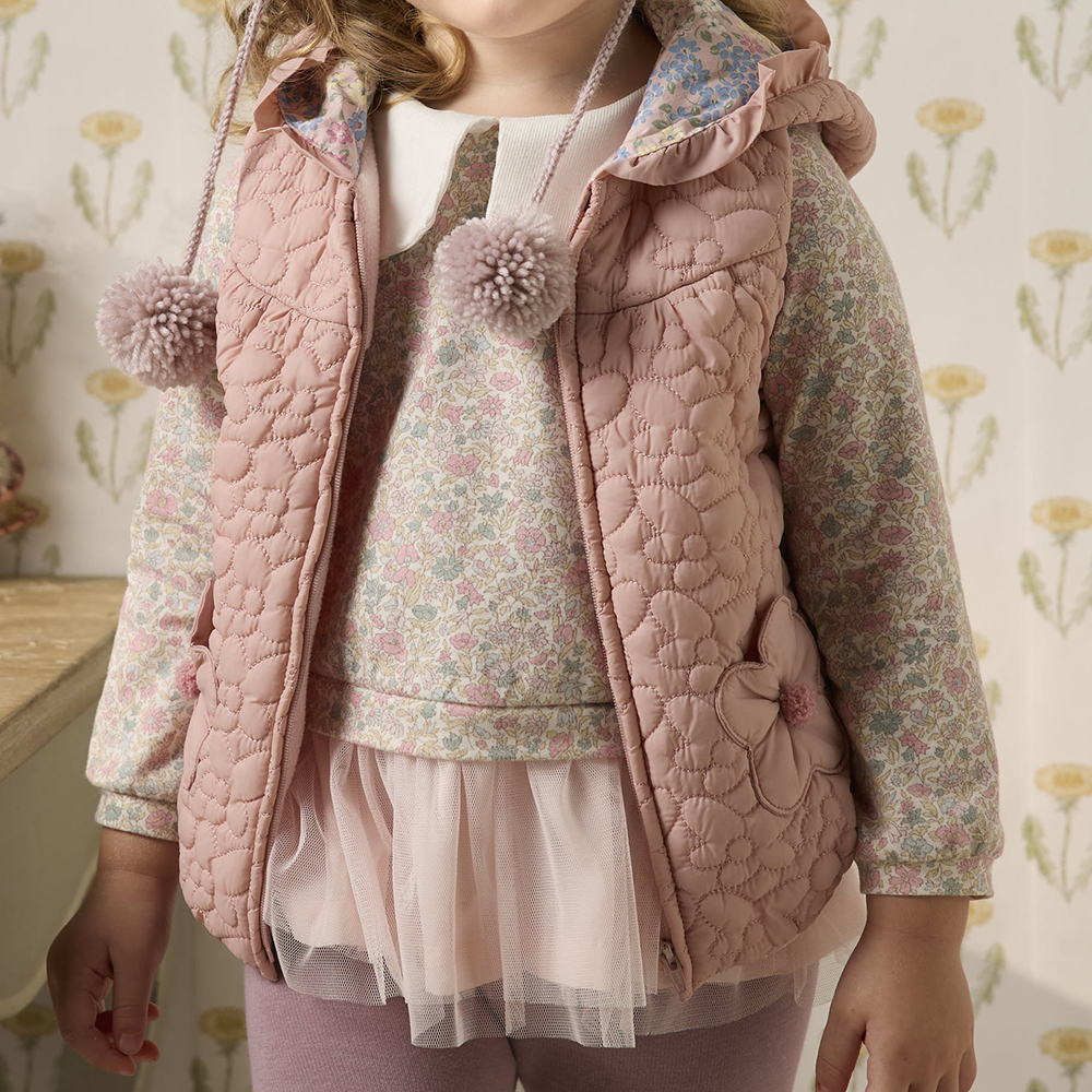 PIPPY 素面小花袋口連帽鋪棉背心 粉