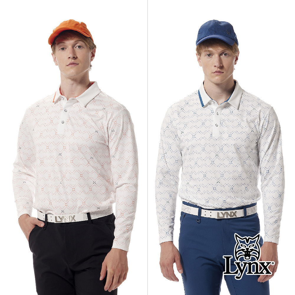 【Lynx Golf】吸排抗菌除臭菱格印花不對稱領POLO衫/高爾夫球衫