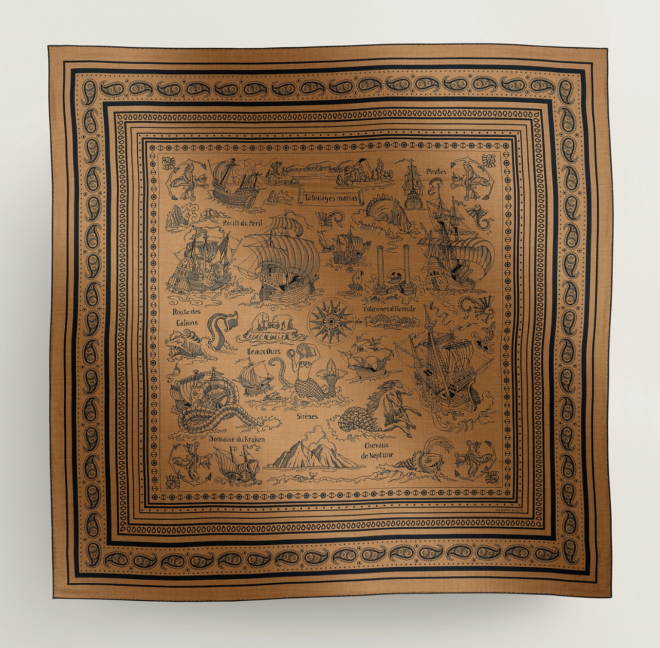 Hermes Tatouages Marins Bandana shawl 140 Caramel / Marine