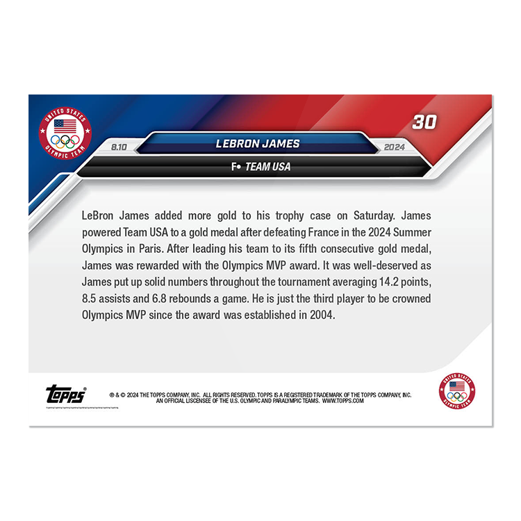 LeBron James 美國隊 2024 奧運 Topps NOW 球員卡 Card 30