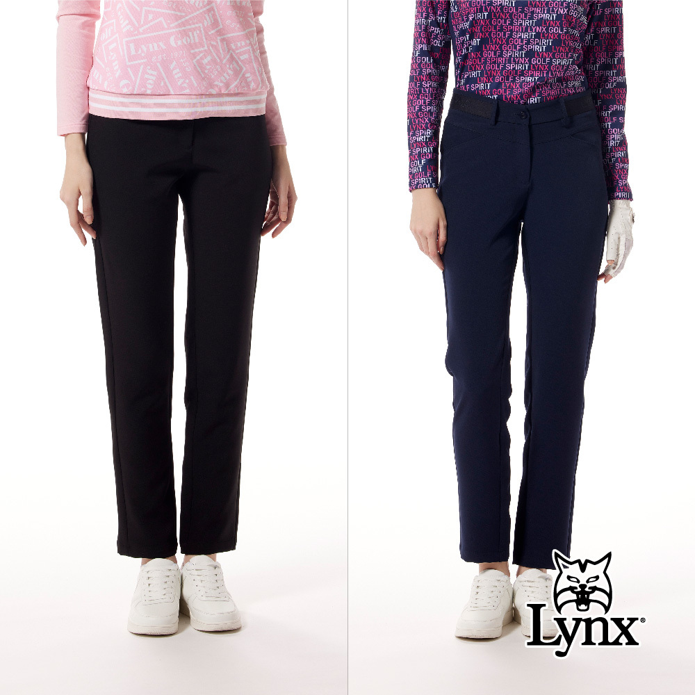 【Lynx Golf】壓紋織帶剪接金屬貼膜前低後高設計窄管長褲