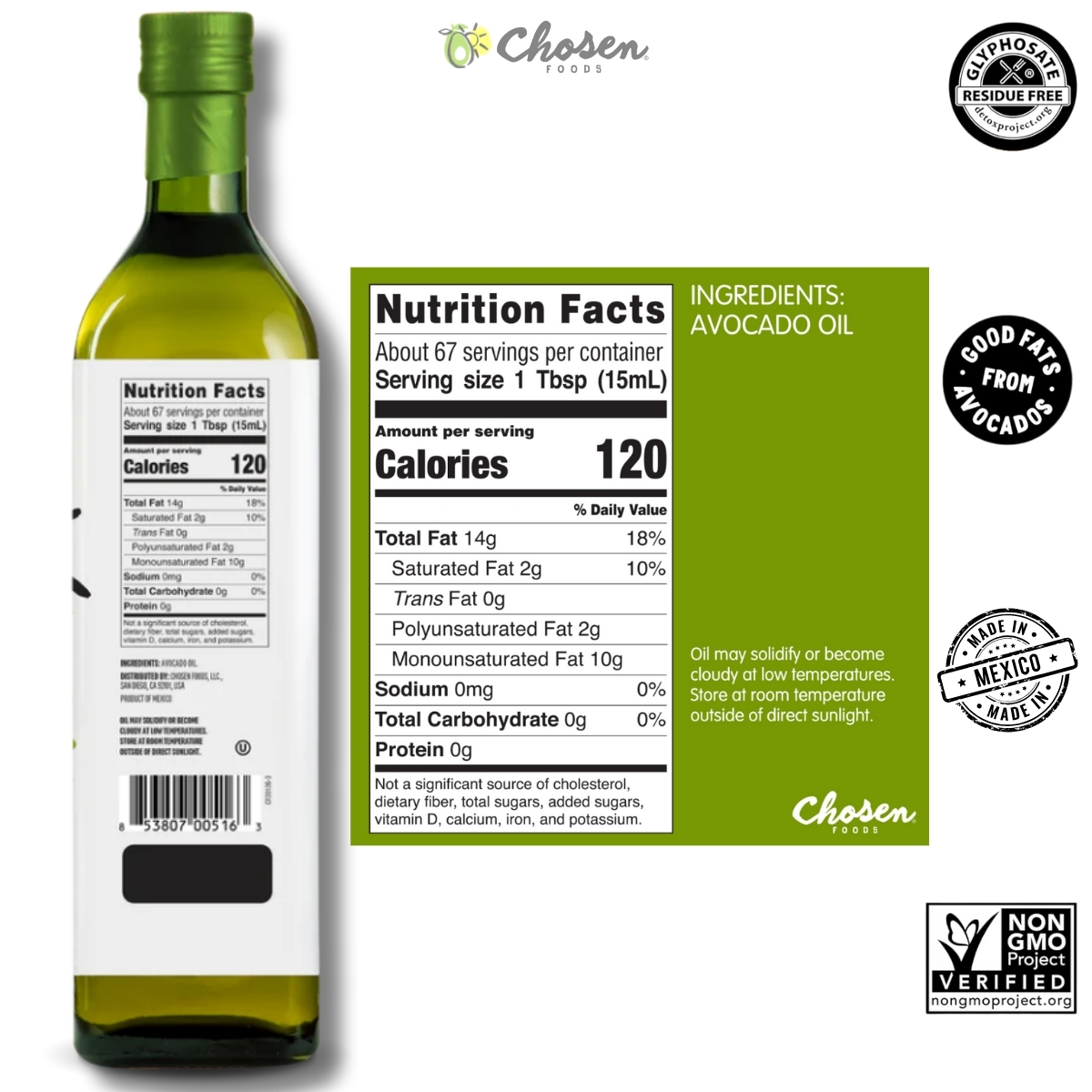 [預購]墨西哥生產 Chosen Foods 100% 純牛油果油, 玻璃瓶裝, 1L