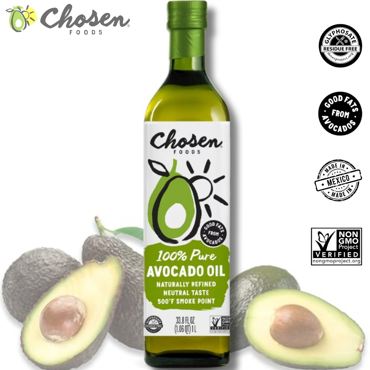 [預購]墨西哥生產 Chosen Foods 100% 純牛油果油, 玻璃瓶裝, 1L
