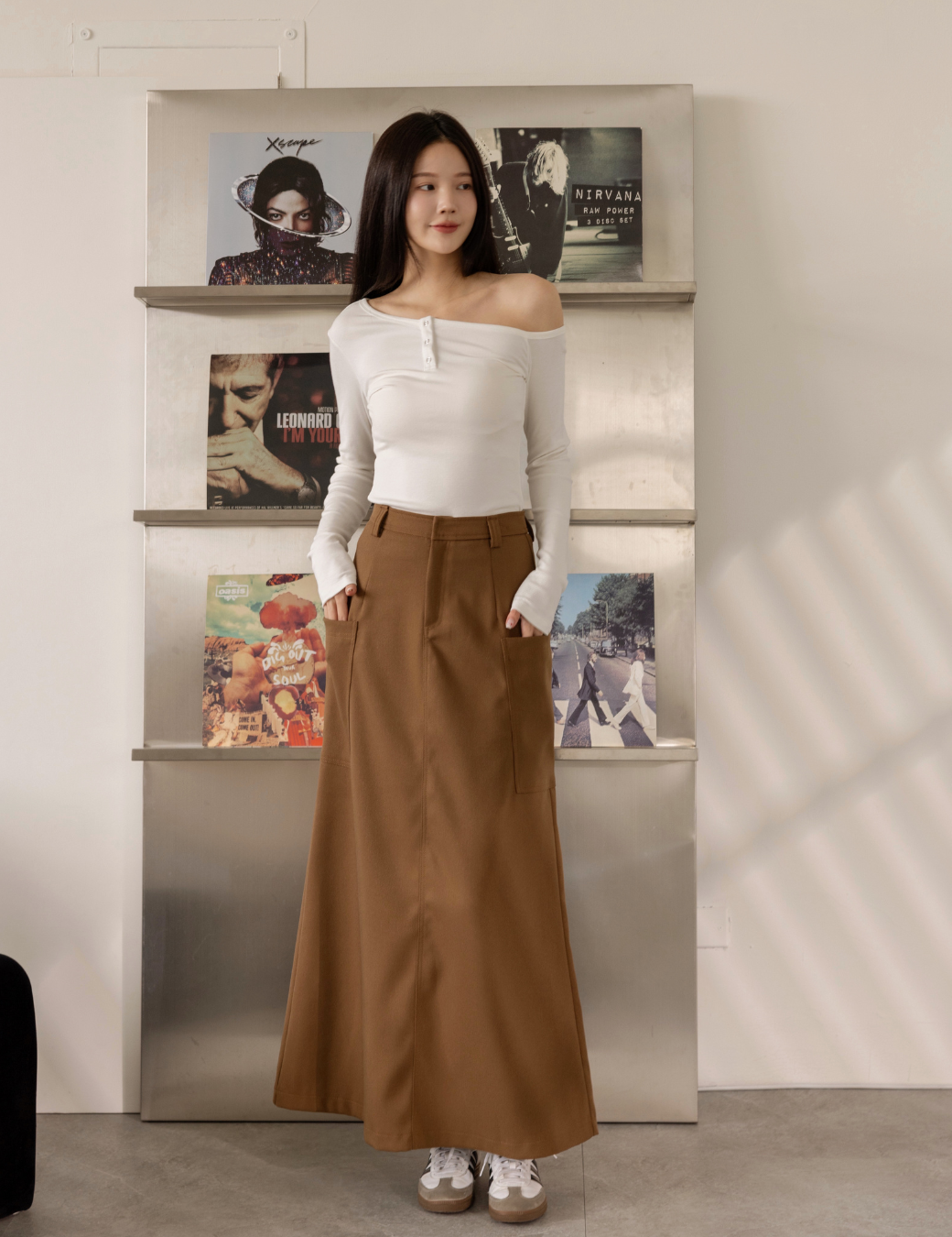 挺版後開衩工裝長裙（咖啡色/6尺寸）
