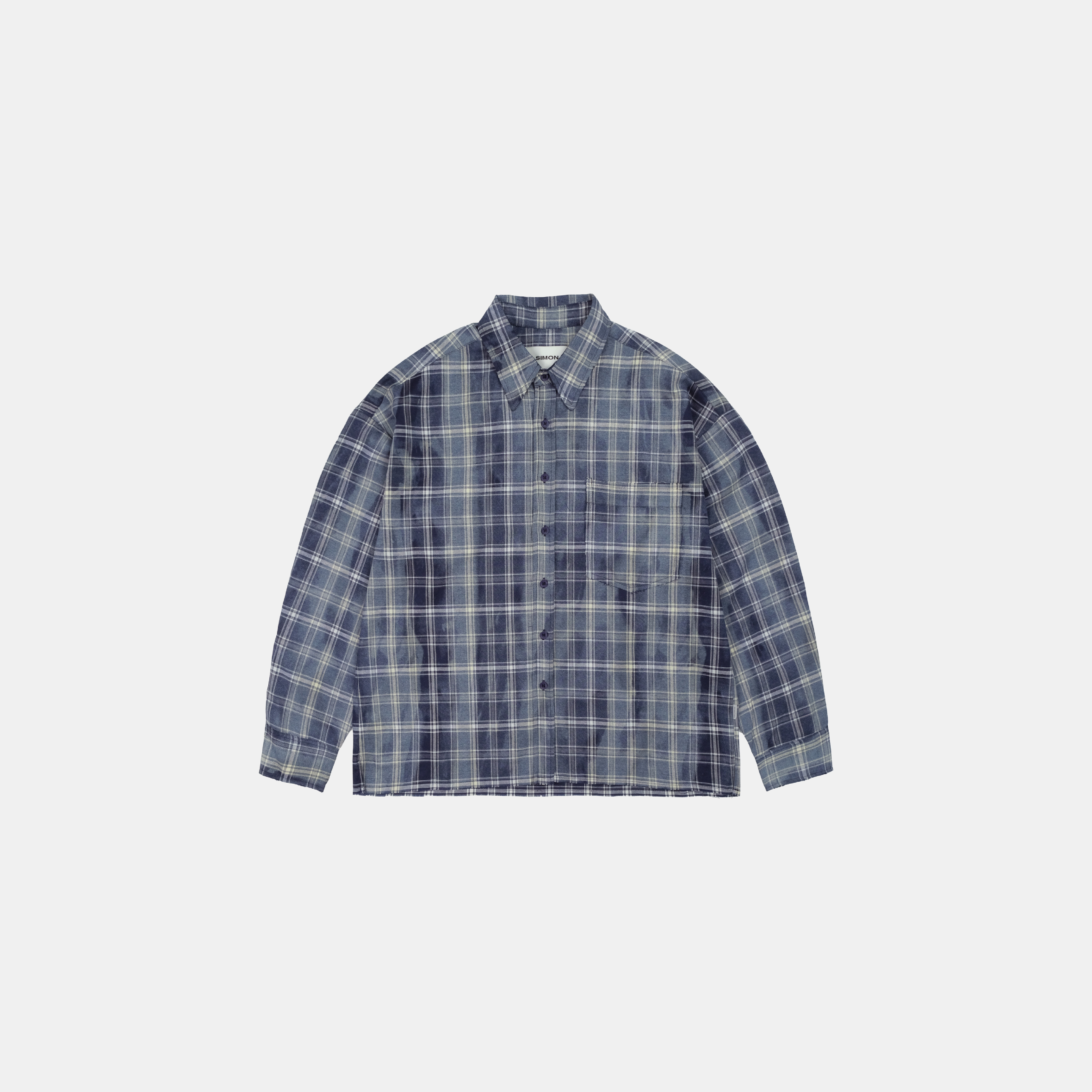 SIMON MADE TL-2420-1 VINTAGE 水洗 做舊 油汙 格紋 襯衫-舊化藍
