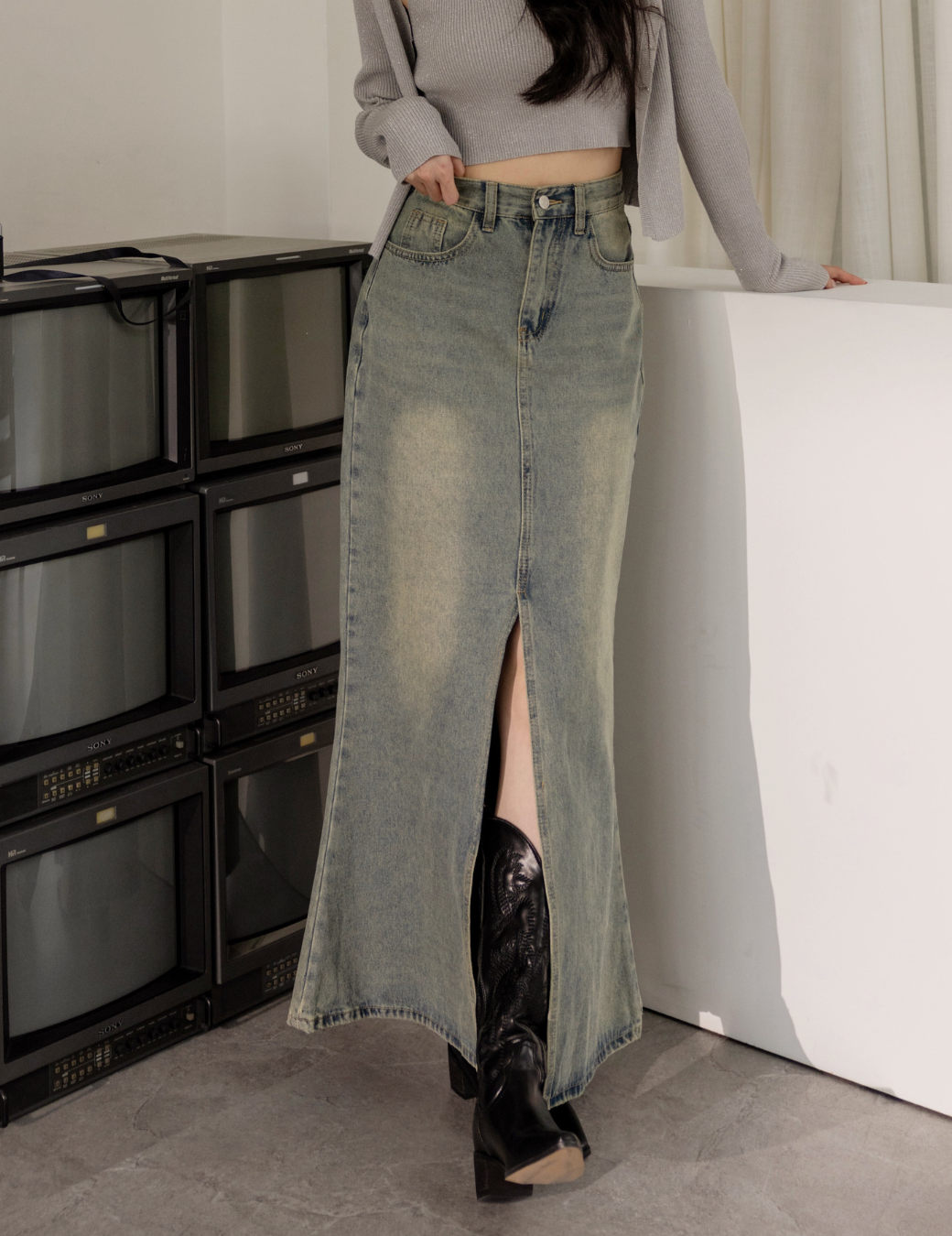 復古刷色牛仔魚尾長裙（6尺寸）