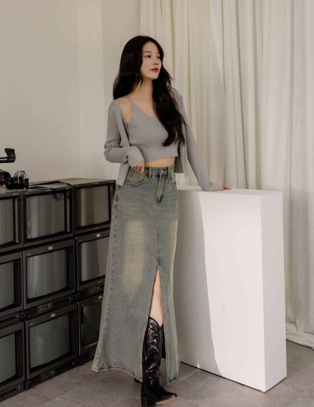 復古刷色牛仔魚尾長裙（6尺寸）