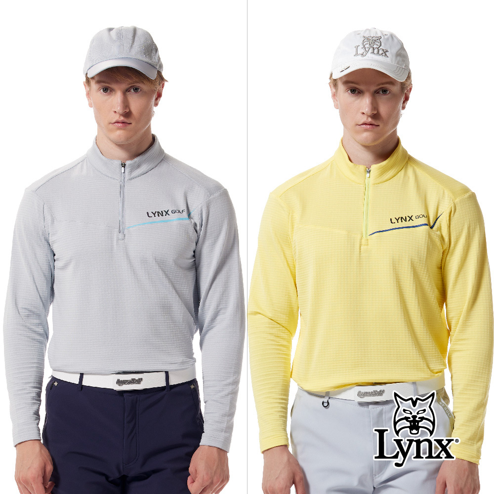 【Lynx Golf】吸排抗UV刷毛格紋不對稱七彩貼膜立領POLO衫/高爾夫球衫
