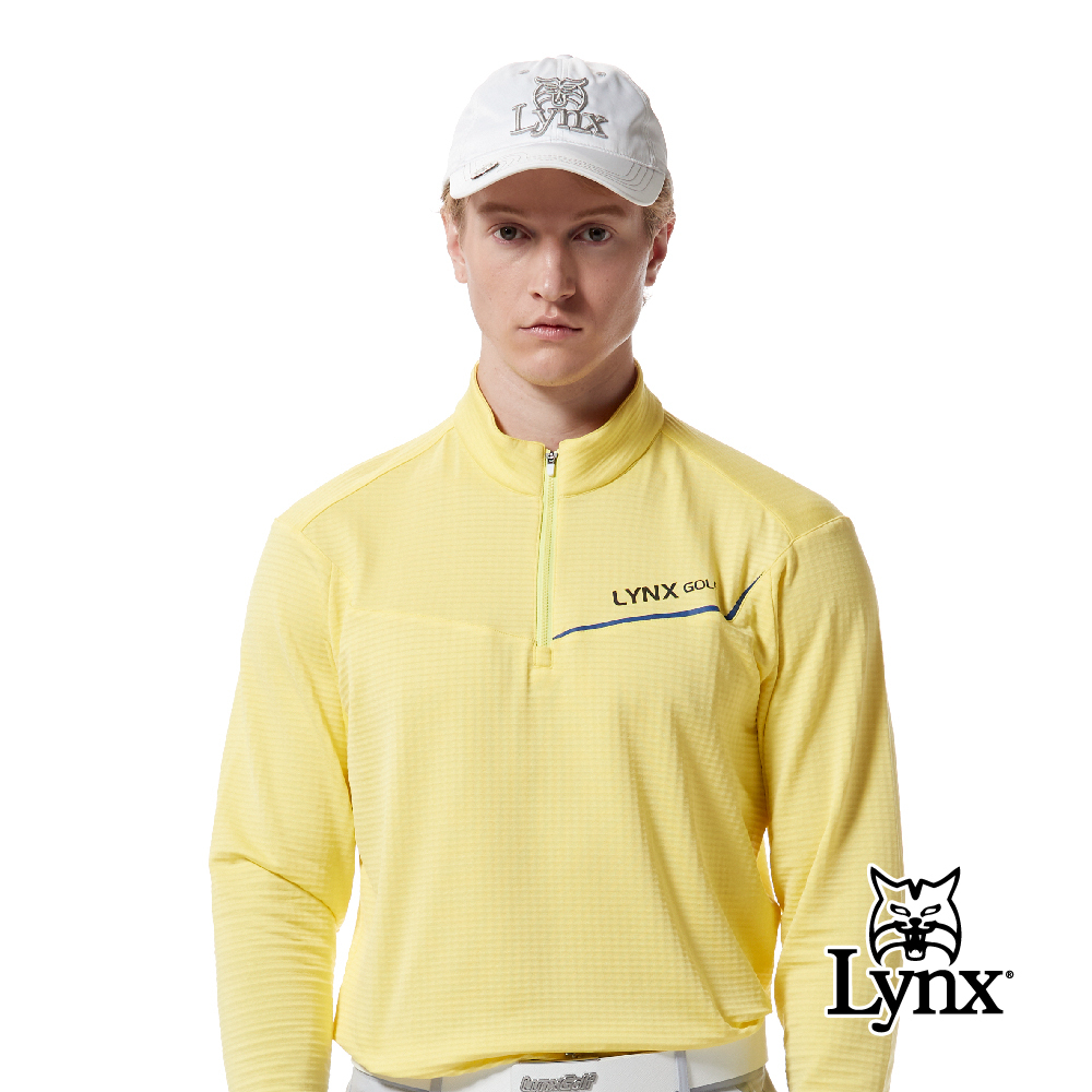 【Lynx Golf】吸排抗UV刷毛格紋不對稱七彩貼膜立領POLO衫/高爾夫球衫