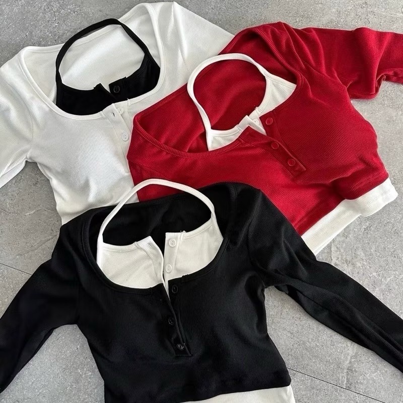 撞色掛脖假兩件胸墊上衣/三色