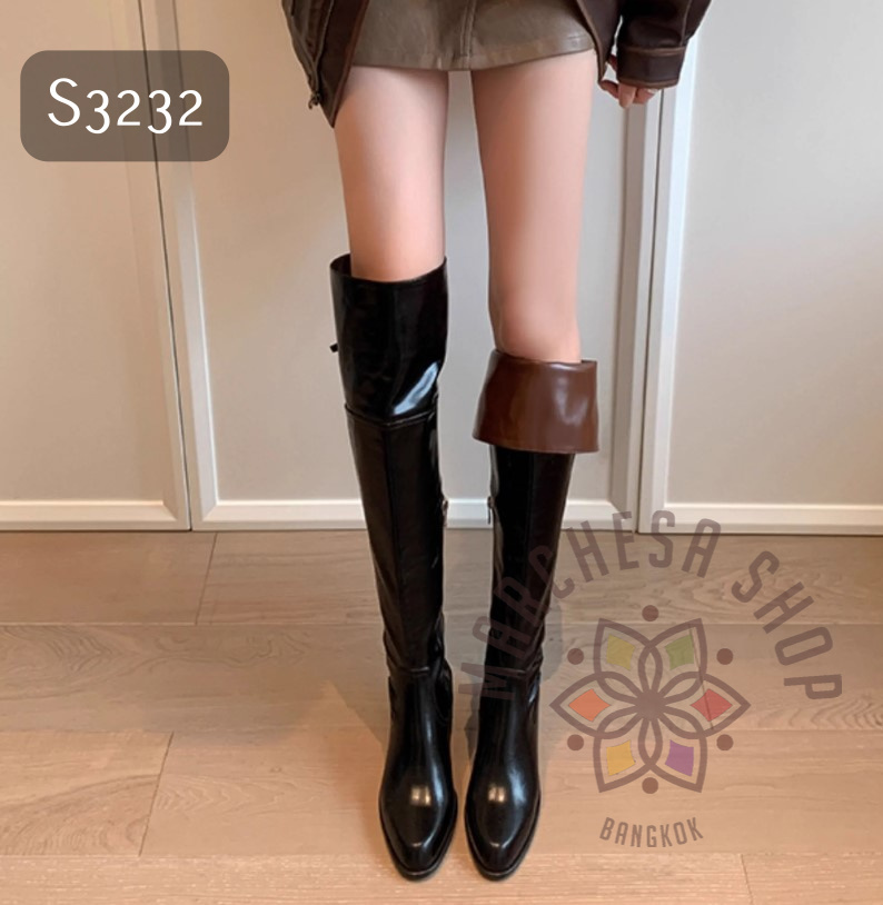 S3232 - 真皮牛皮反摺尖方頭高踭長靴